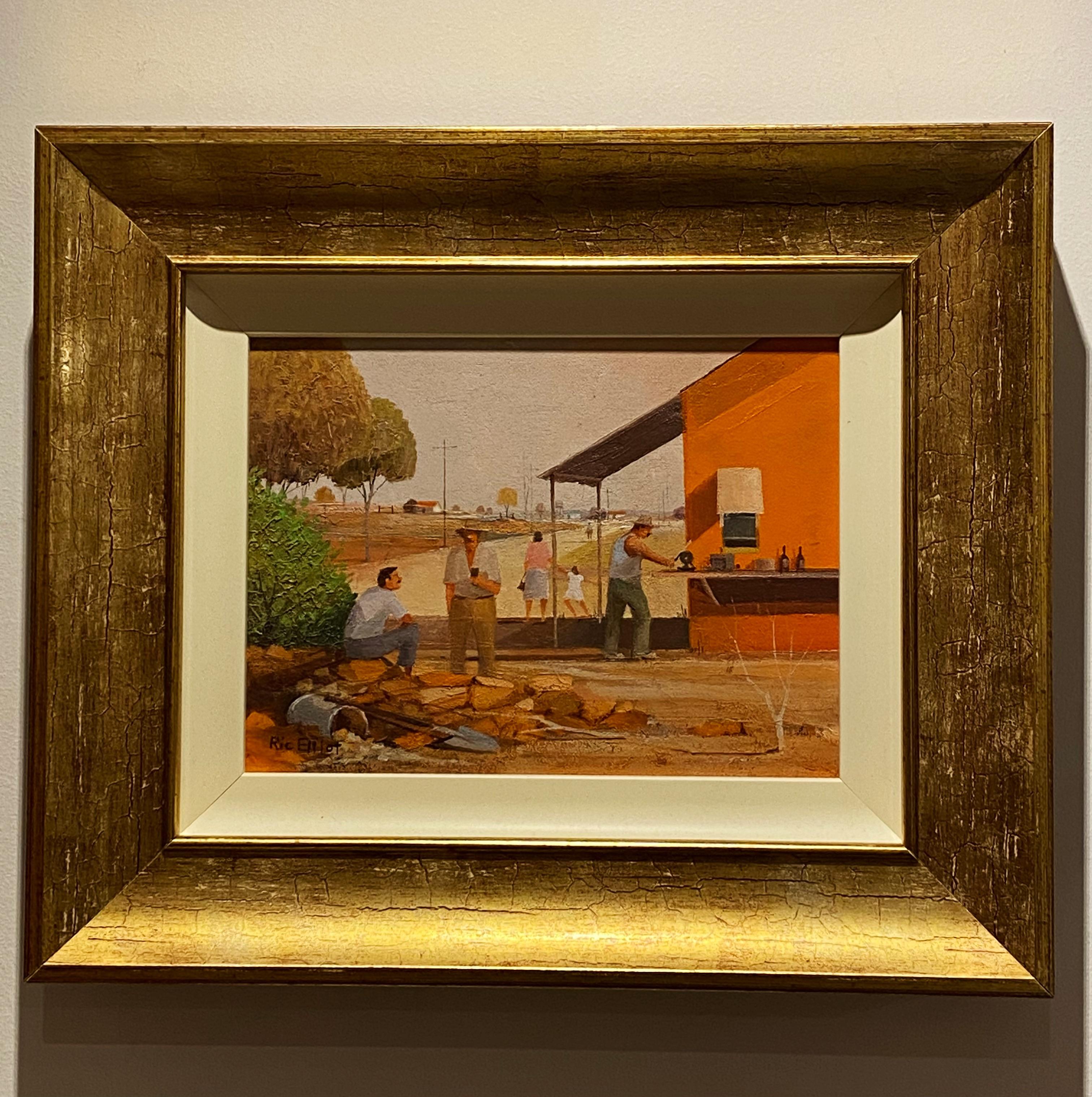 Miner’s Break in Lightning Ridge 
by Ric Elliot (English – Australian 1933 - 1995) 
Oil on Board Painting

Dimensions: 
Painting – 14.5cm x 19cm
Frame – 26cm x 31.5cm  

Signed lower left 

Ric Elliot (English-Australian) became famous for his