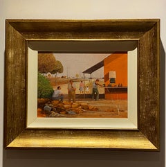 Ric Elliot "Miner's Break" Pittura a olio su tavola di Lightning Ridge, firmata.