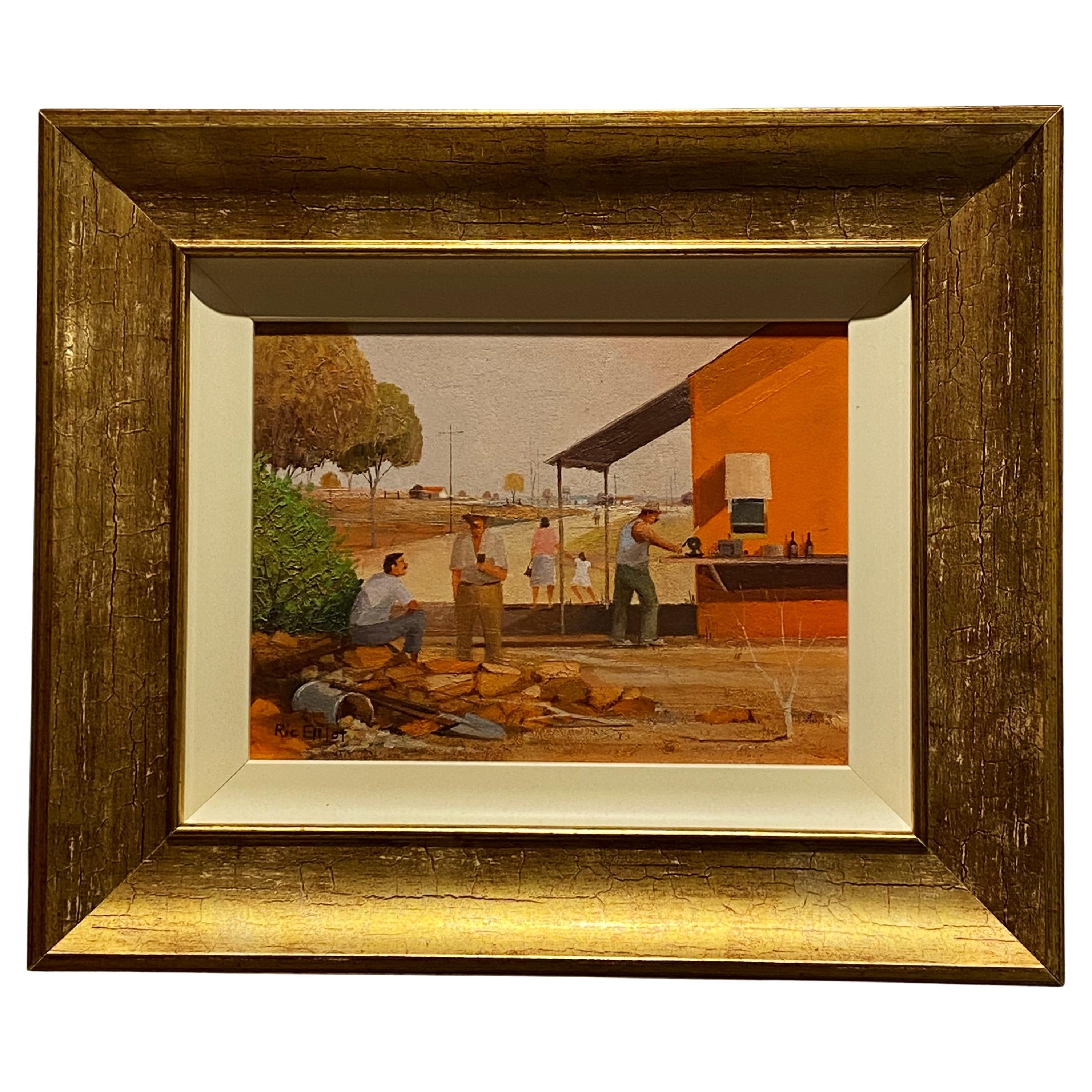 Ric Elliot "Miner's Break" Lightning Ridge Oil on Board Painting, Signed. en venta