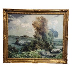 Impressionist Oil on Canvas. Green landscape with shepherd. Ricard Arenys Galdón