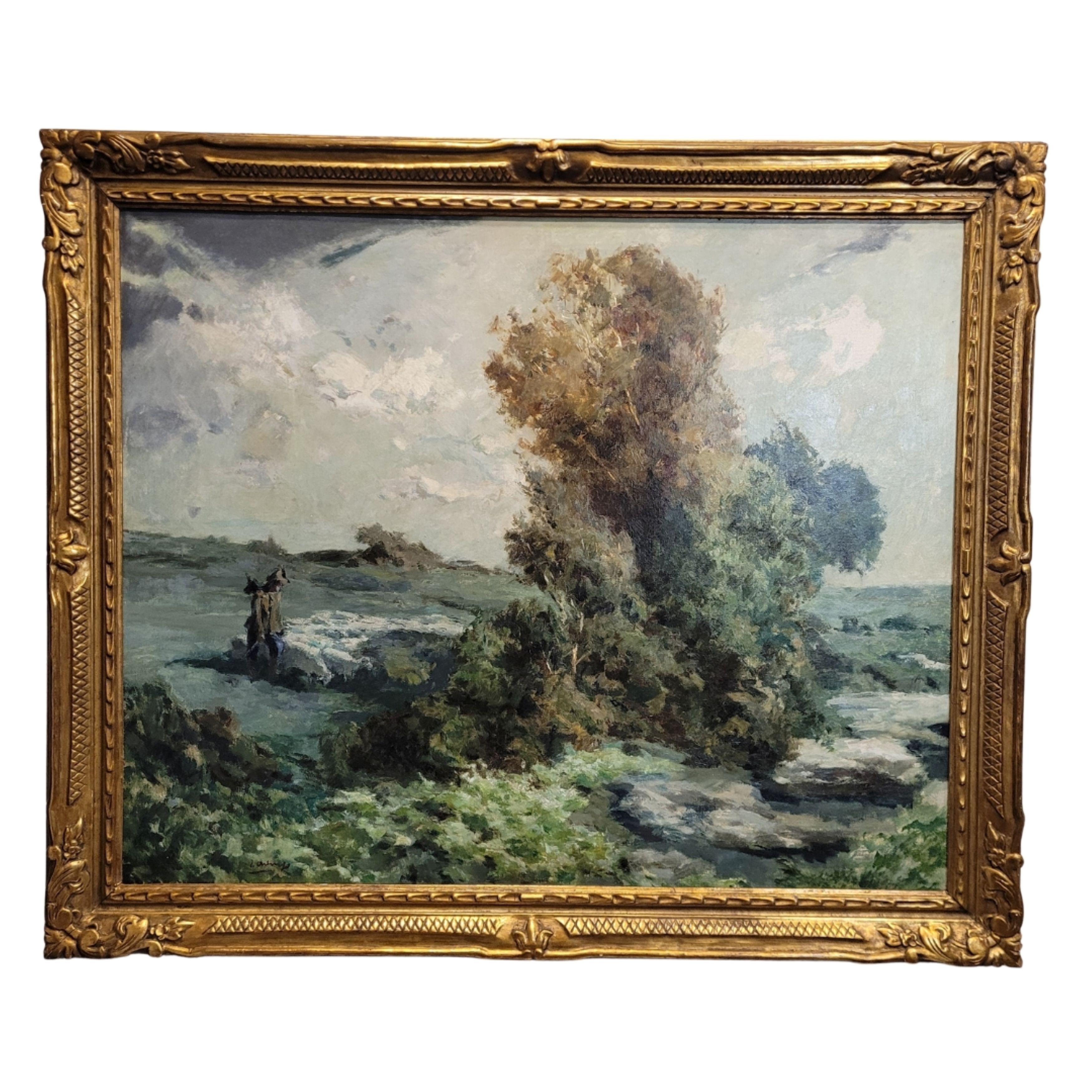 Ricard Arenys Galdón (Barcelona, 1914 – 1977) Animal Painting - Impressionist Oil on Canvas. Green landscape with shepherd. Ricard Arenys Galdón