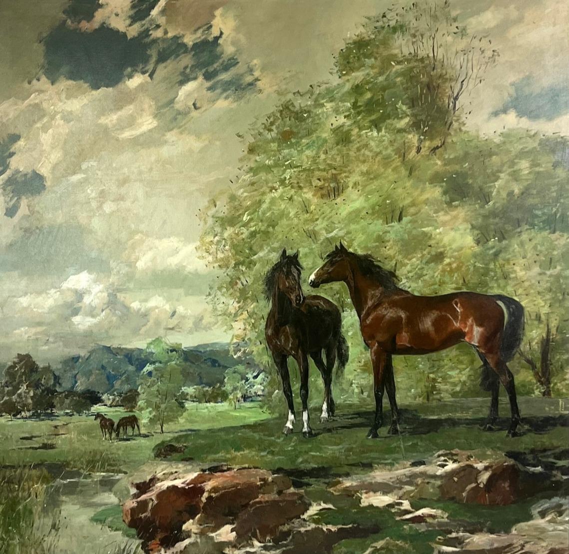 Horses in a Pastoral Landscape, Oil on Canvas by Ricard Arenys