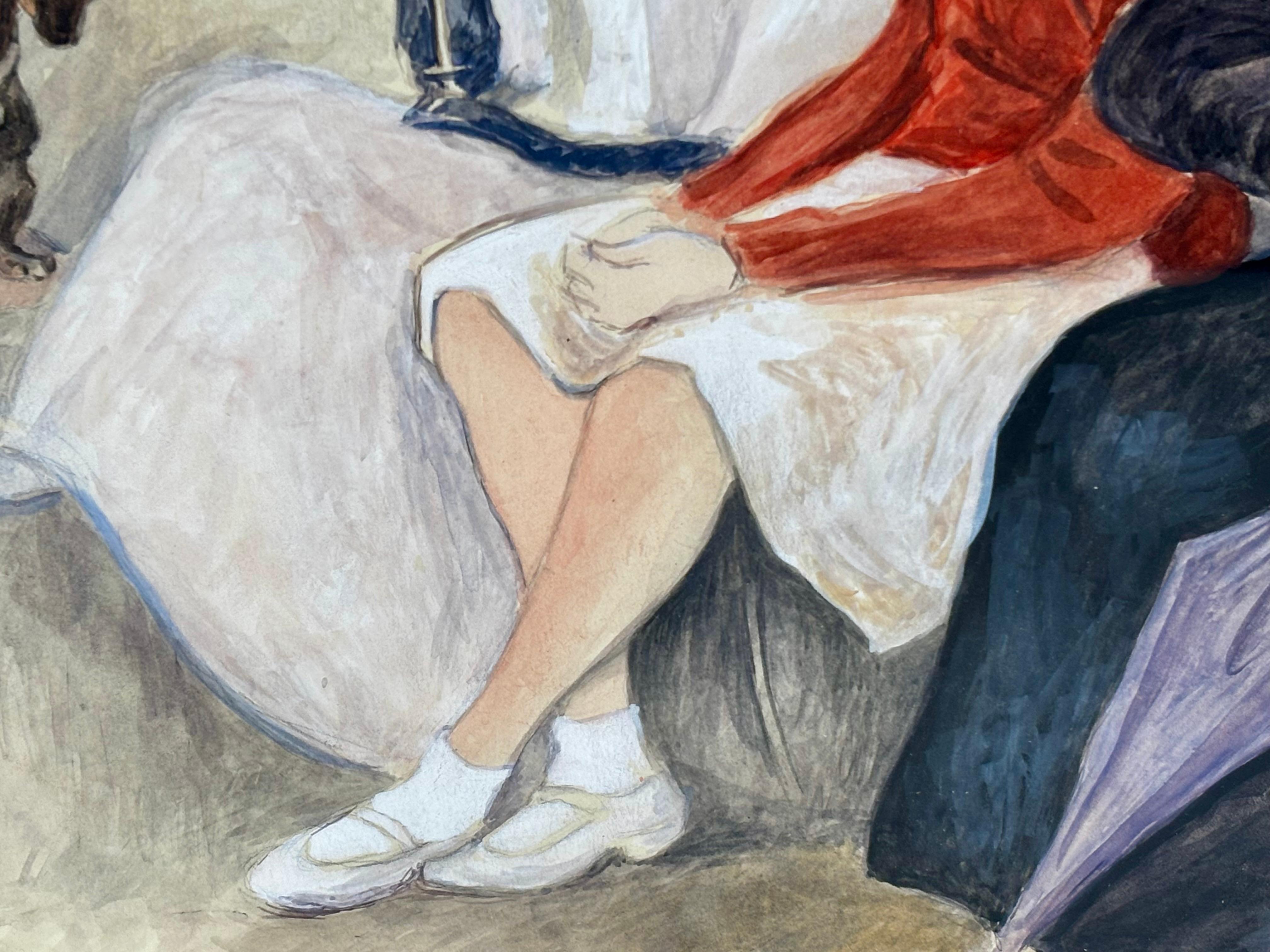 Großmutter, Mutter und Tochter mit Hund (Beige), Figurative Painting, von Ricard Opisso Sala