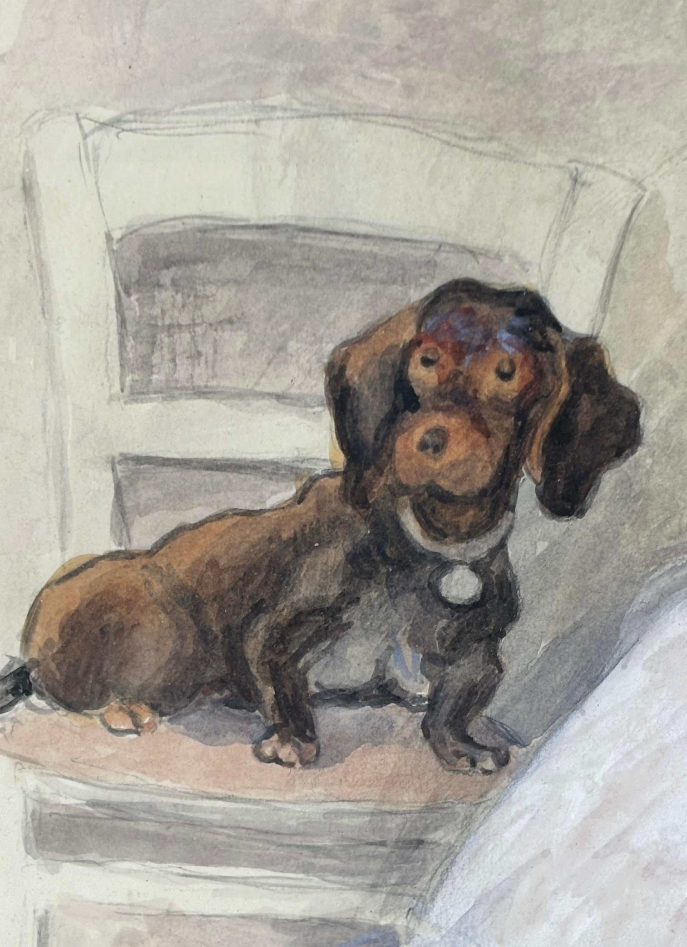 Großmutter, Mutter und Tochter mit Hund
Aquarell auf Papier
Signiert - CIRCA 1930er Jahre

Charmantes und fein ausgeführtes Aquarell auf Papier, das drei elegant gekleidete Frauen - Großmutter, Mutter und Tochter - in Begleitung eines kleinen Hundes