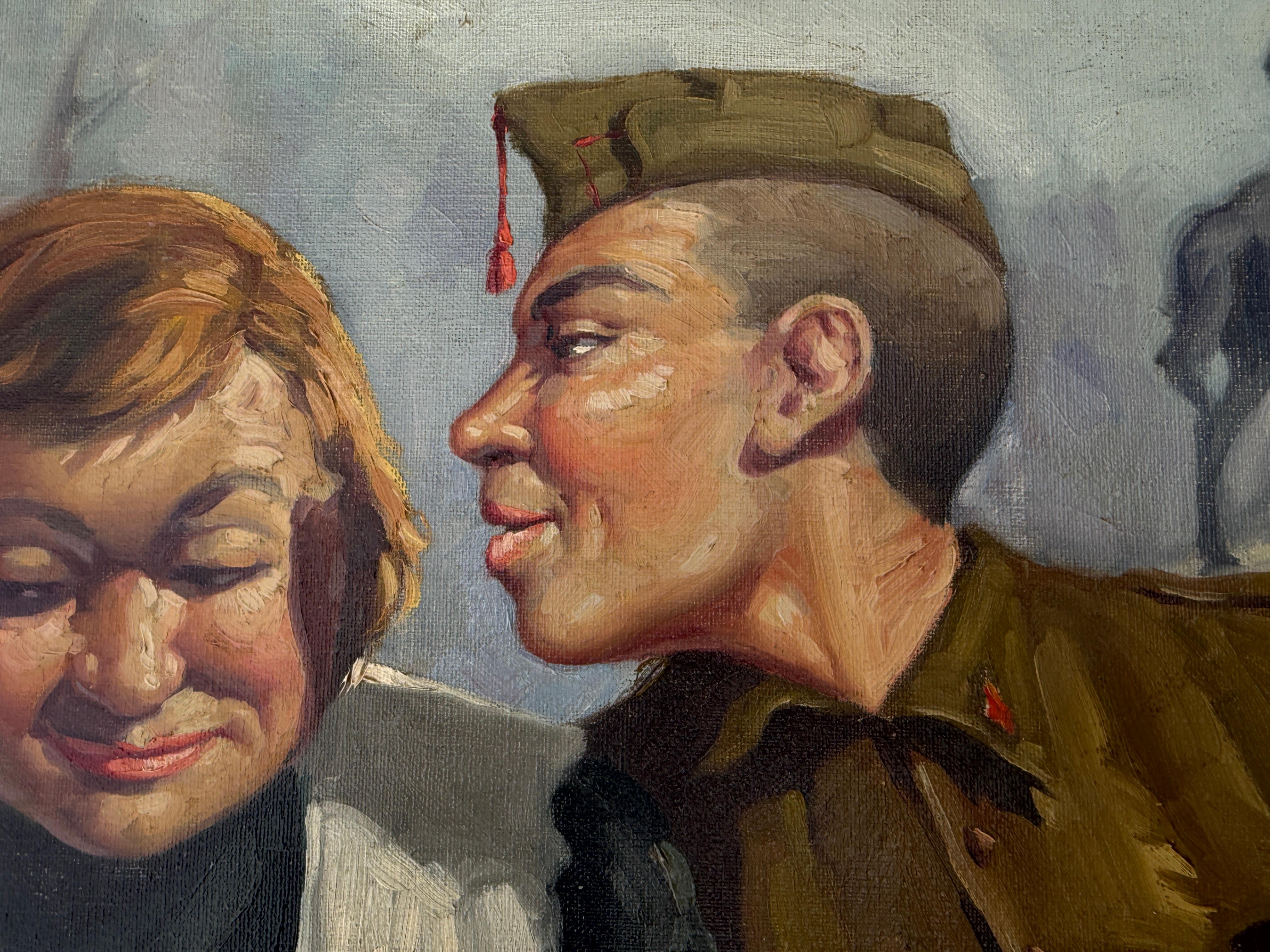 Soldaten Flirten im Park Öl auf Leinwand Gemälde spanischer Modernismus (Grau), Figurative Painting, von Ricard Opisso Sala