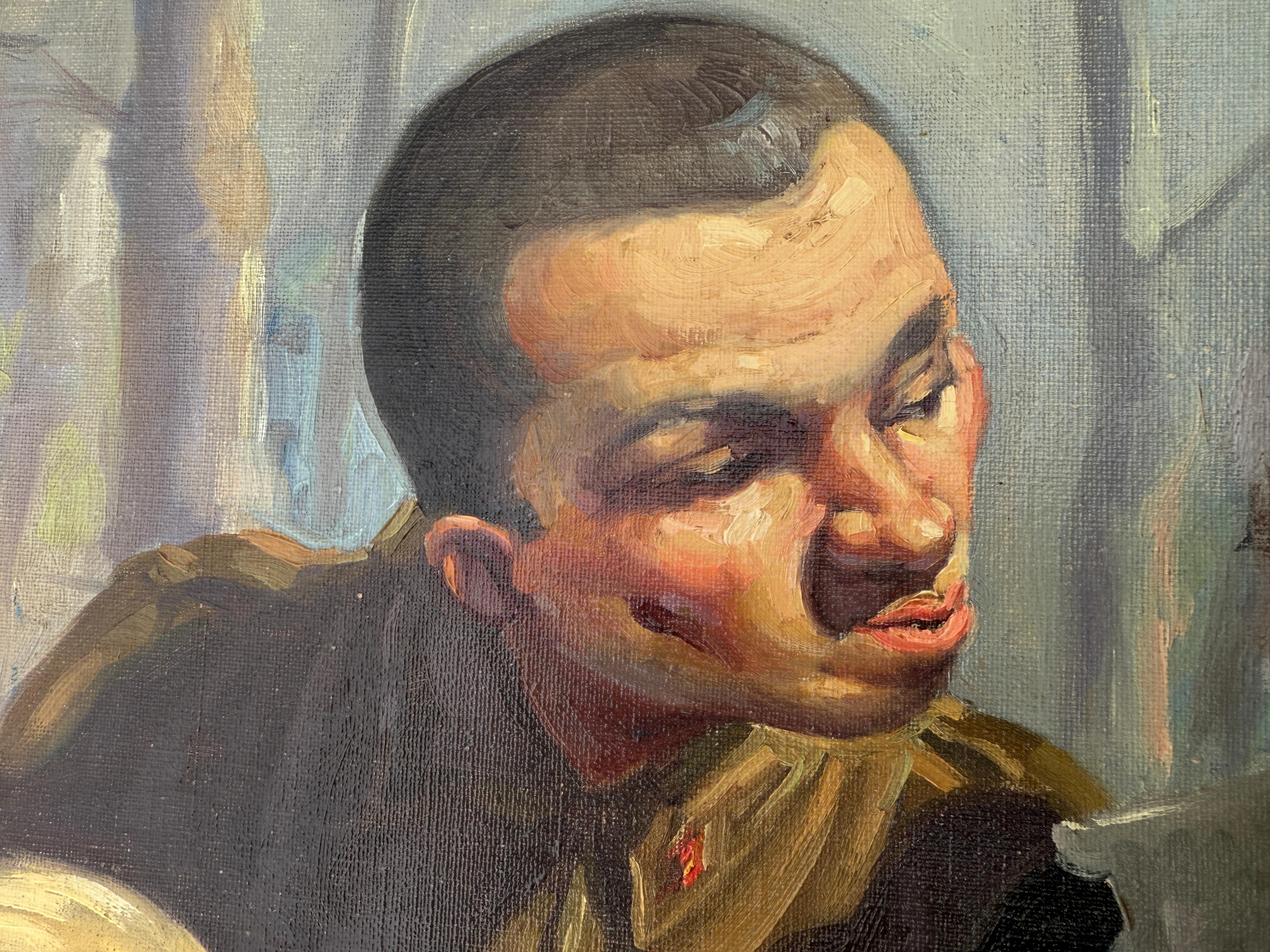 Soldaten Flirten im Park Öl auf Leinwand Gemälde spanischer Modernismus im Angebot 1