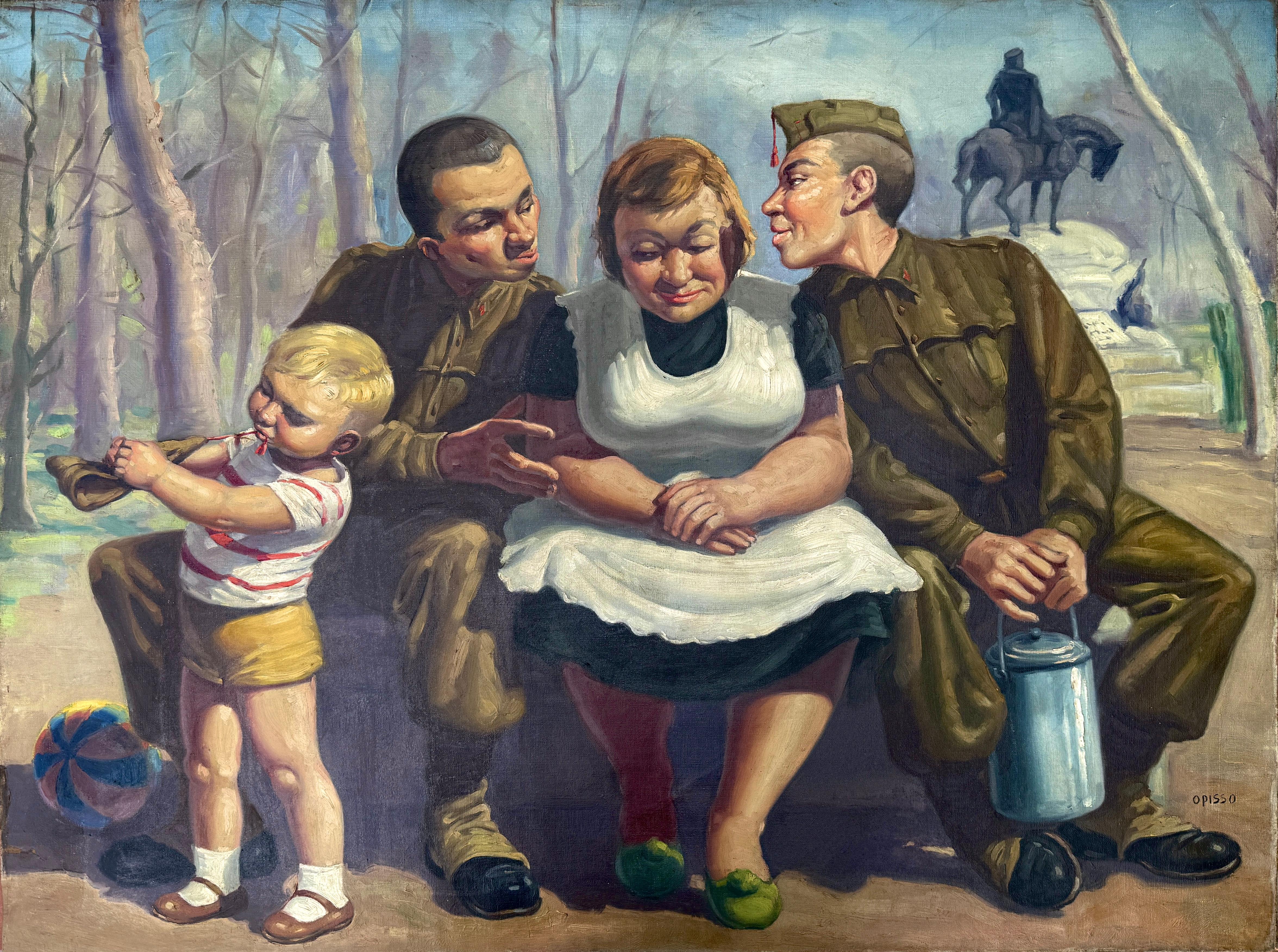 Soldiers Flirting in the Park oil on canvas painting spanish modernism