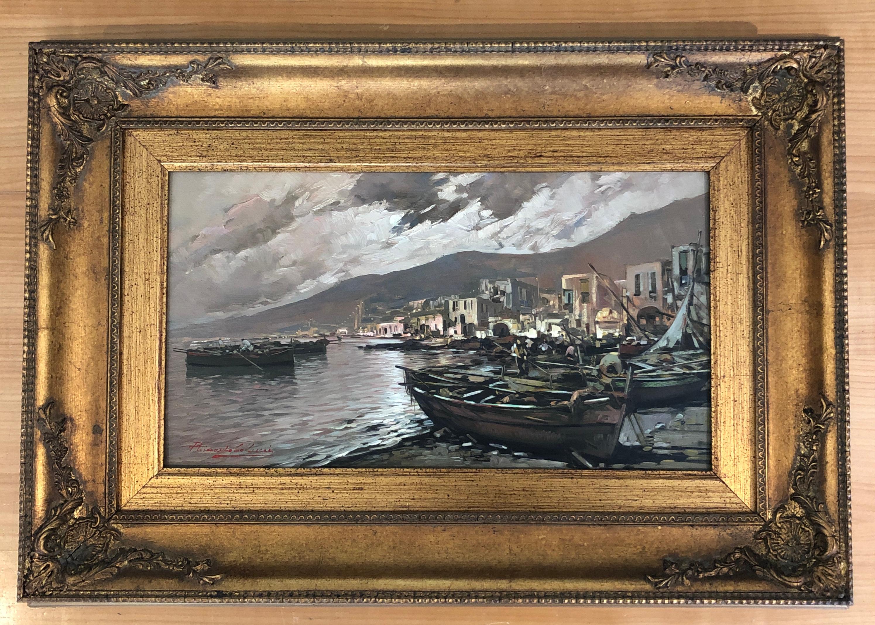 Fischboote und Fischer am Hafen – Painting von Ricardo Colucci