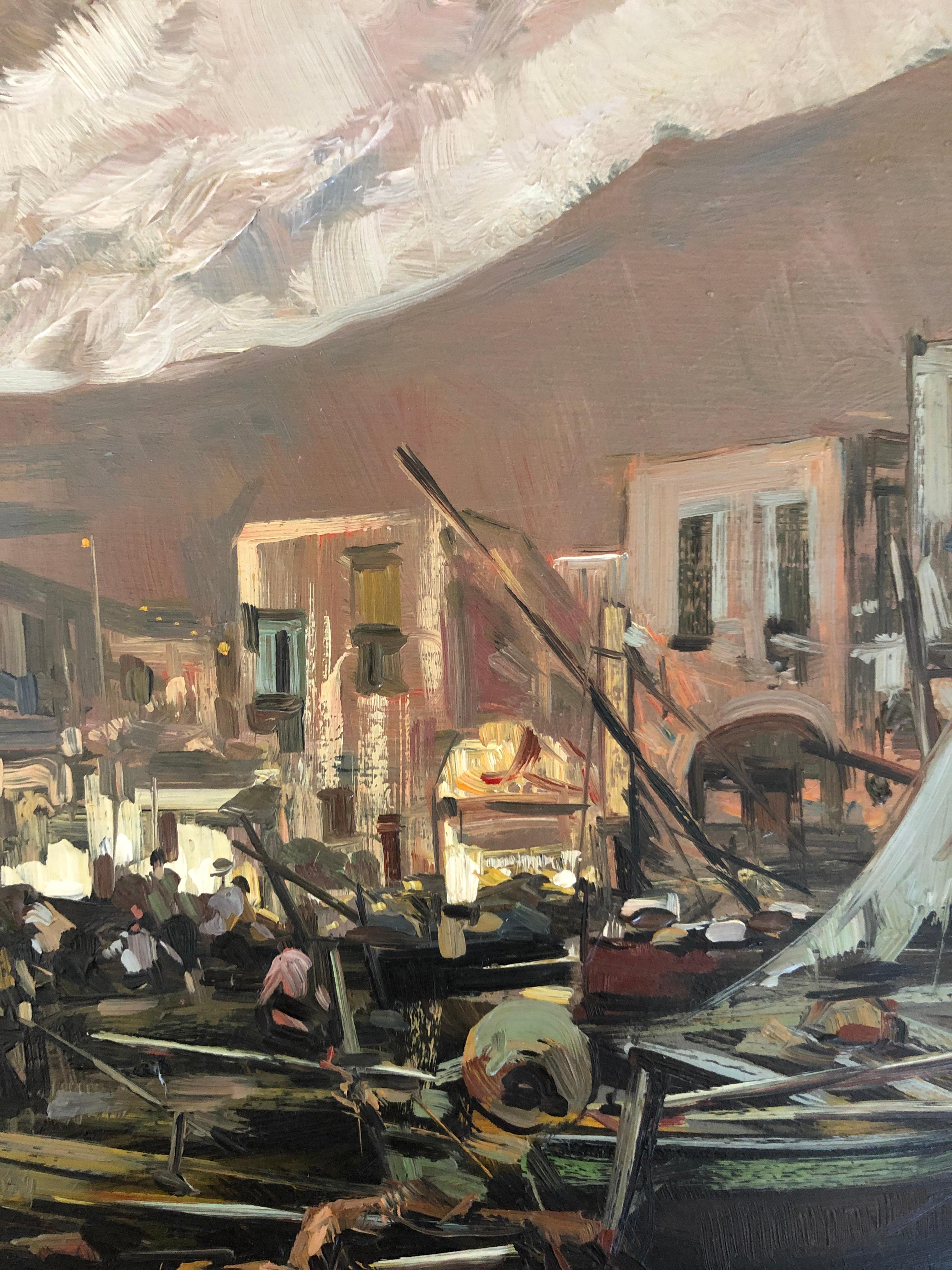Fischboote und Fischer am Hafen (Grau), Landscape Painting, von Ricardo Colucci