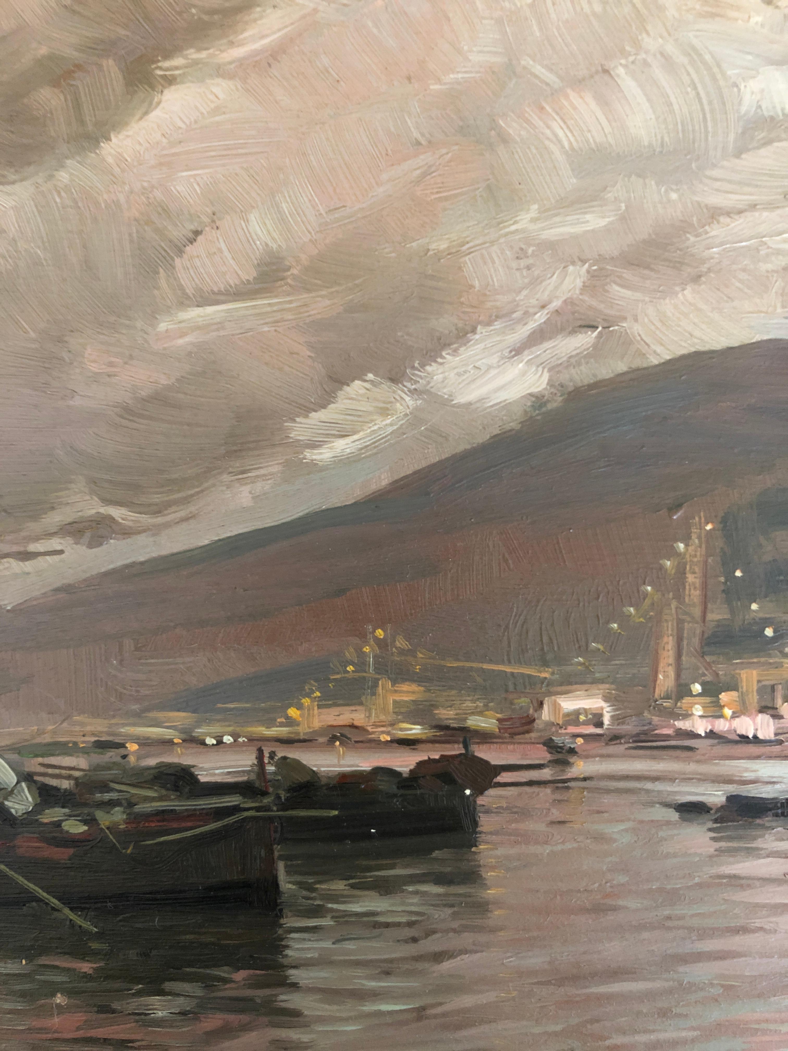 Arbeiten auf Holz
Goldener Holzrahmen
Mit Rahmen : 47 cm x 67 cm  x 7.5 cm

Dieses eindrucksvolle Bild zeigt einen malerischen, wahrscheinlich mediterranen Hafen mit einer beeindruckenden Beherrschung der natürlichen Elemente. Das ruhige und doch