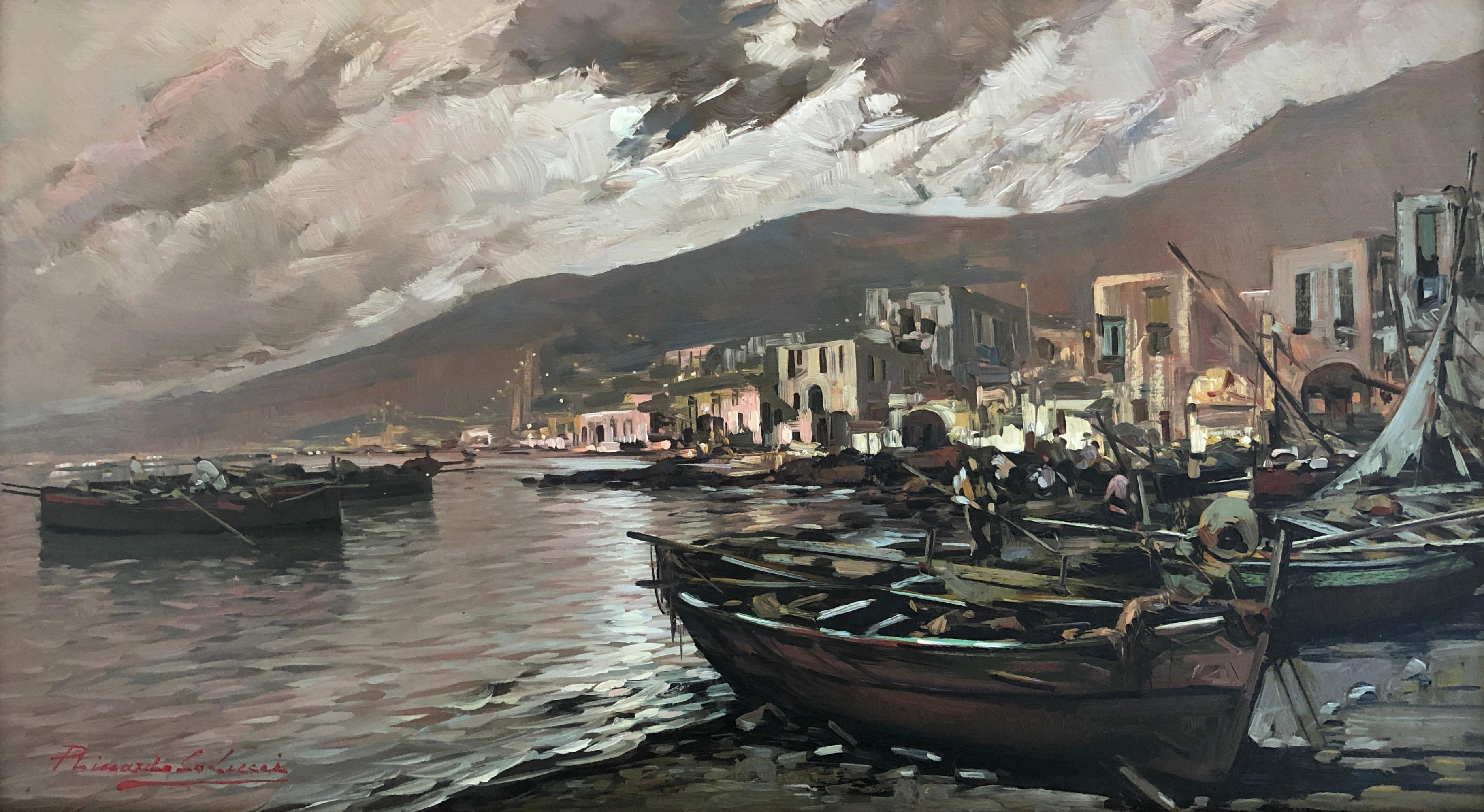 Ricardo Colucci Landscape Painting - Fishing boats and fishermen at the port
