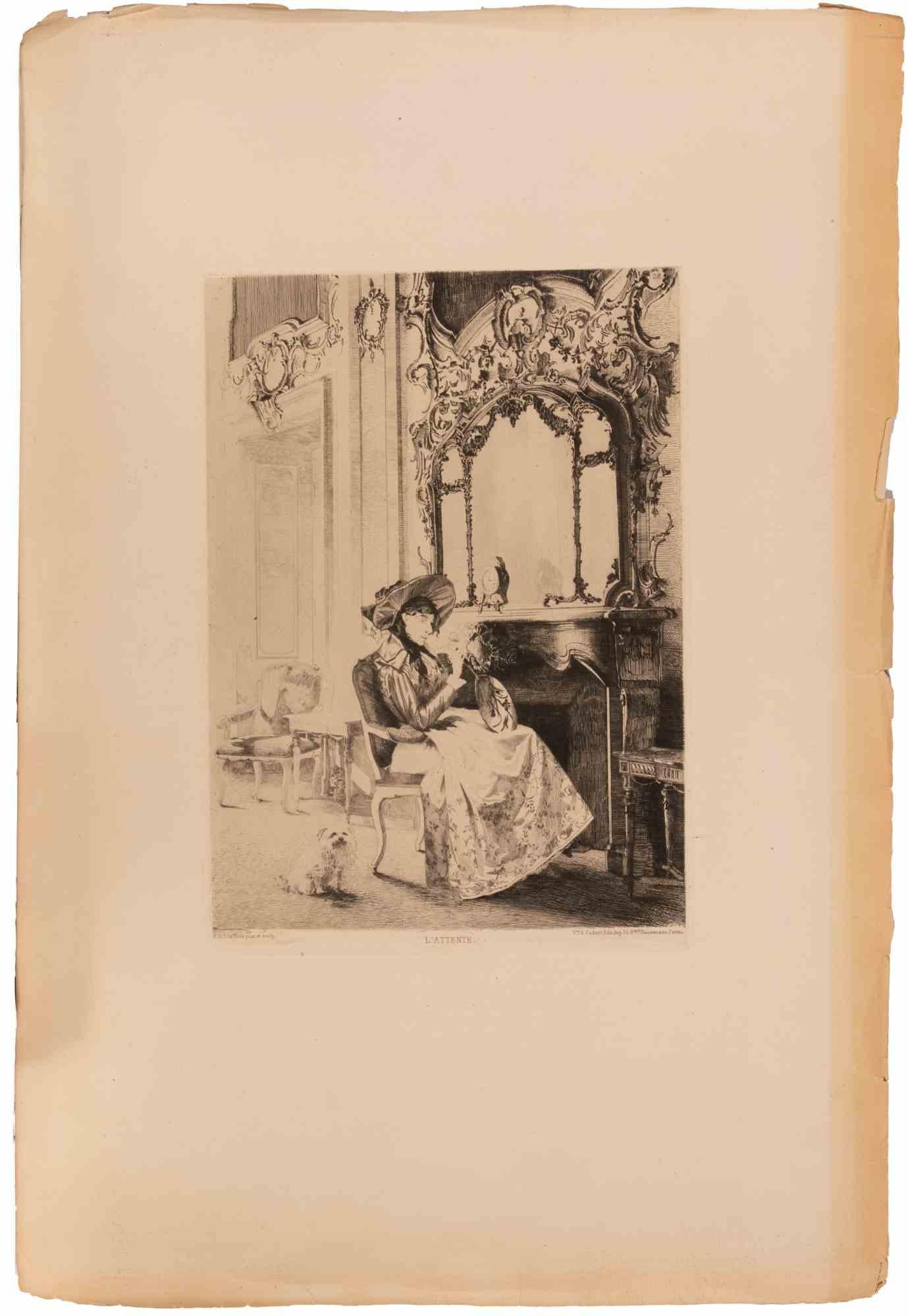 Etching on laid paper, realized in 1877 and published by Cadart &amp; Luquet, Paris.

This elegant 19th-century etching by Spanish artist Ricardo de los Ríos depicts a refined young woman seated in an ornate interior, absorbed in her thoughts,