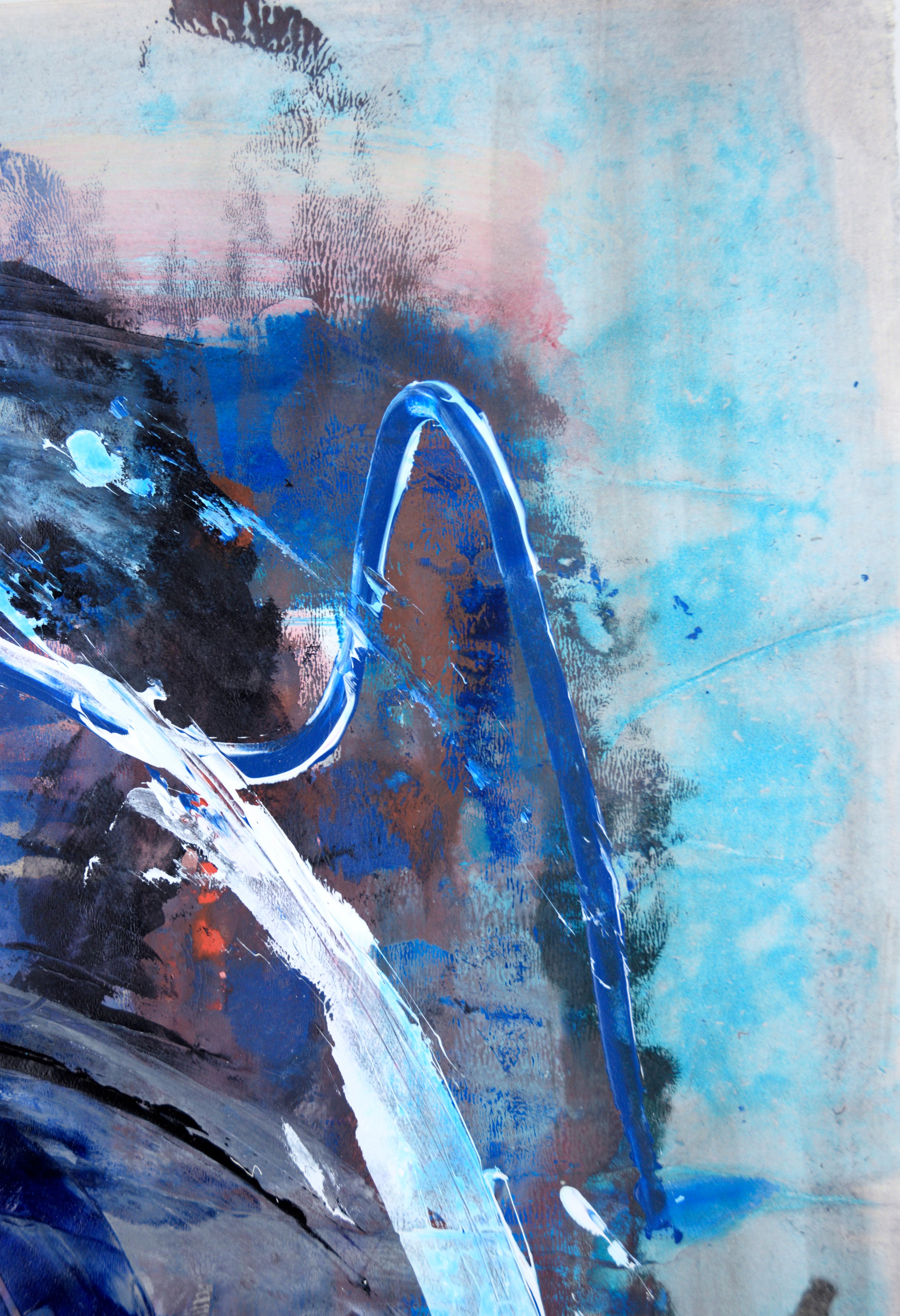 Un cas de blues - Expressionnisme abstrait 

Une peinture expressionniste abstraite dans des teintes vibrantes de bleu nageant dans de multiples couches et couleurs, créant une œuvre qui se définit par sa profondeur et sa complexité. Œuvre de