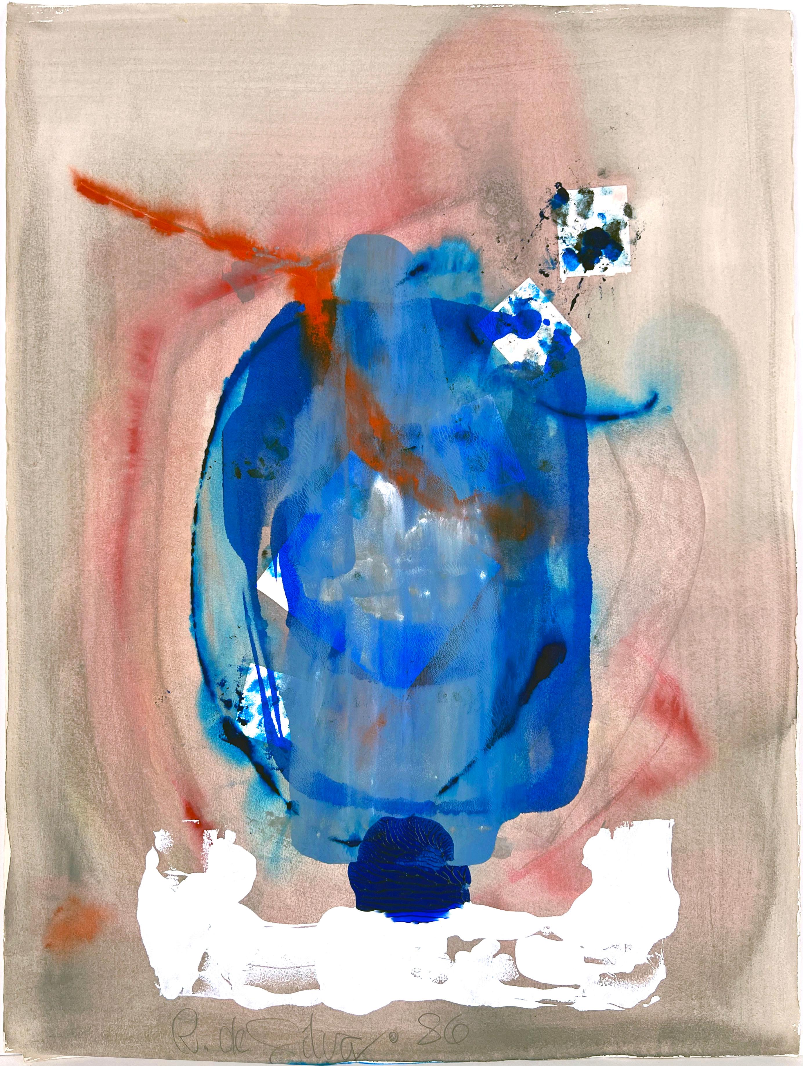 Ricardo de Silva Abstract Painting - "A New Idea" in Blue  - Figural Abstract Composition in Acrylic on Paper
