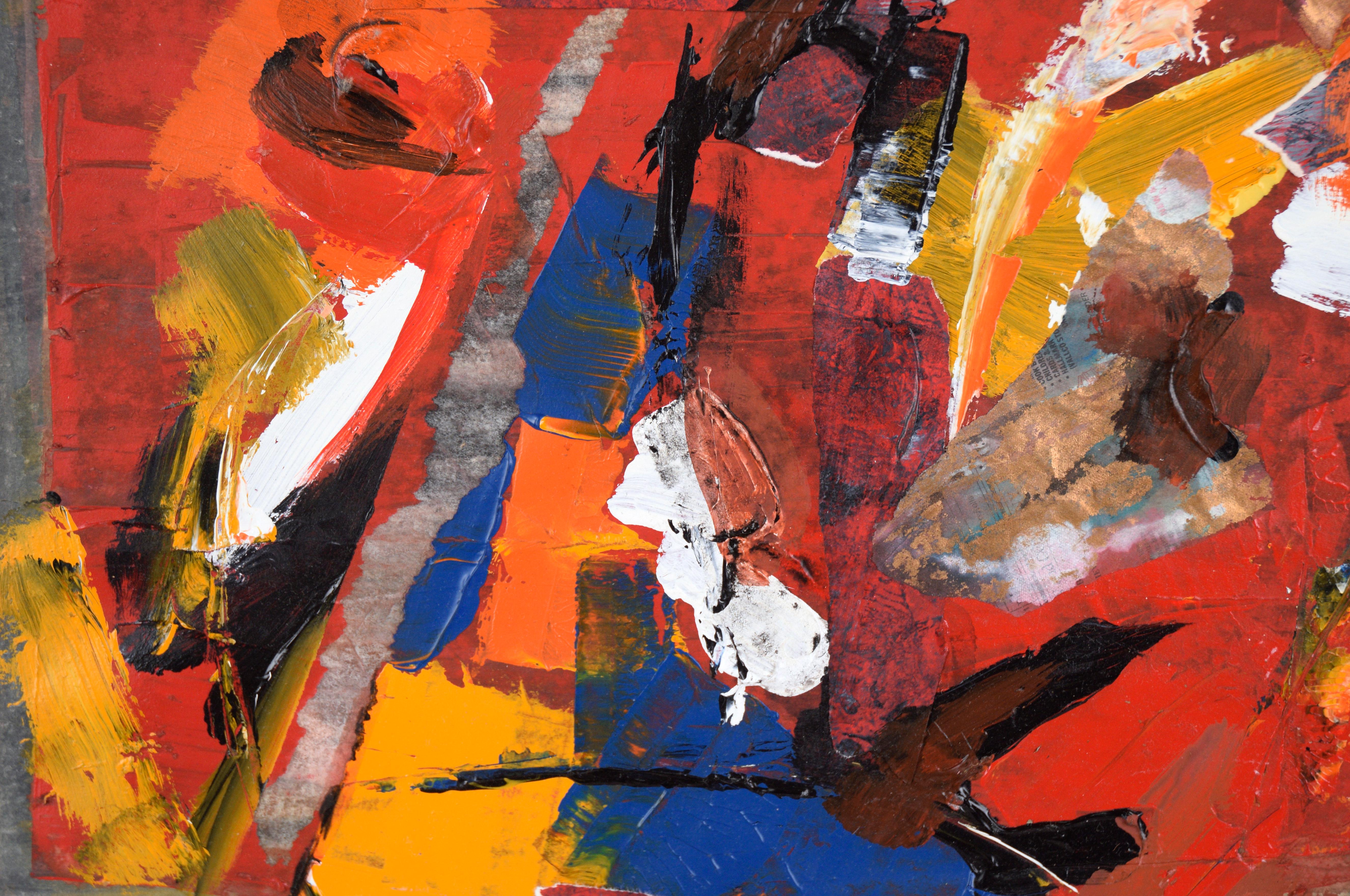 Abstrakt-expressionistische Collage aus Acryl auf Papier

Helle, gesättigte abstrakte Malerei  mit einer Collage des in Kalifornien lebenden Künstlers Ricardo de Silva (Amerikaner/Brasilien, 20. Jh.). Kräftiges Rot, Gelb, Orange und Blau bilden eine