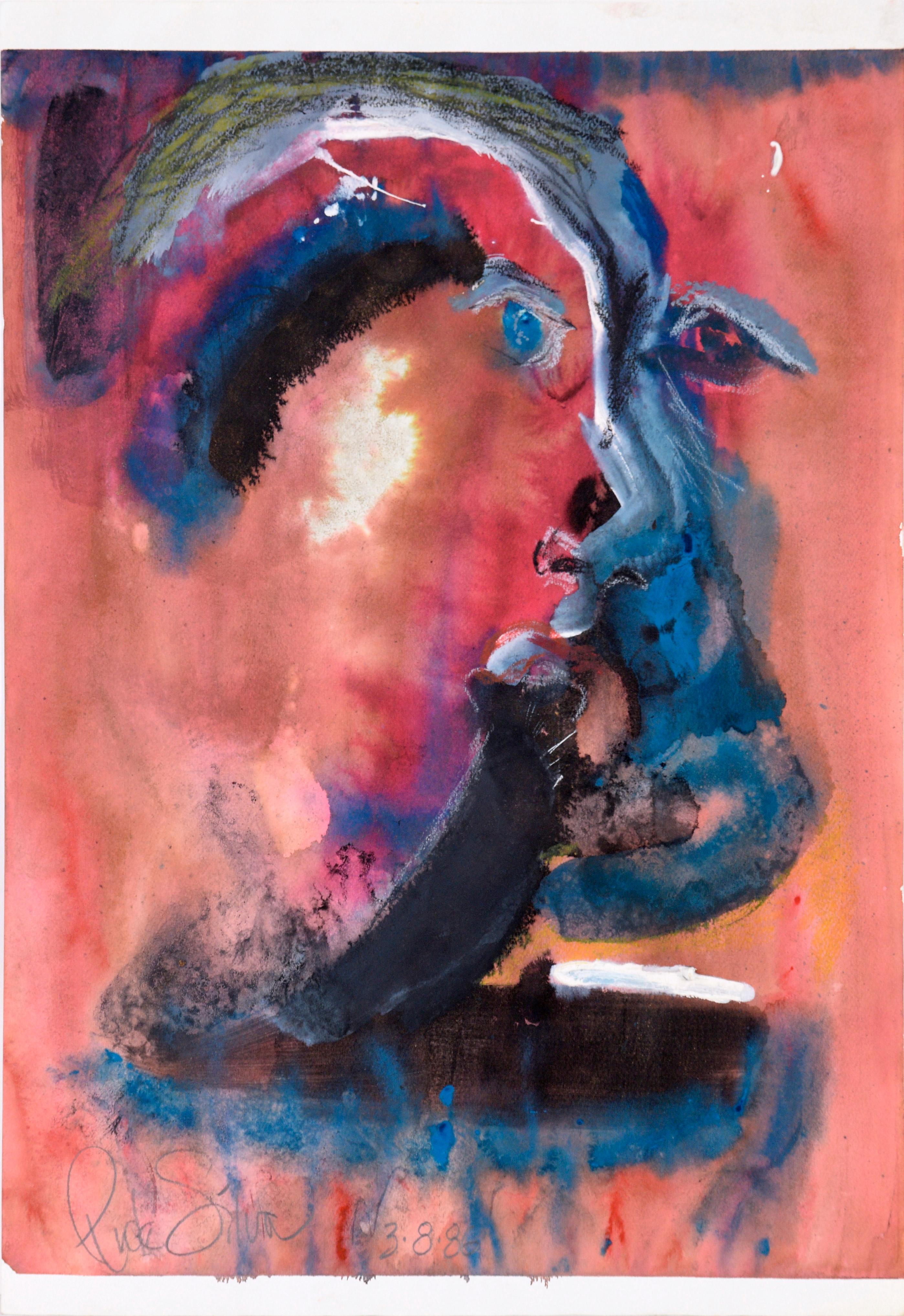 Portrait d'autoportrait expressionniste abstrait en acrylique et pastel sur papier