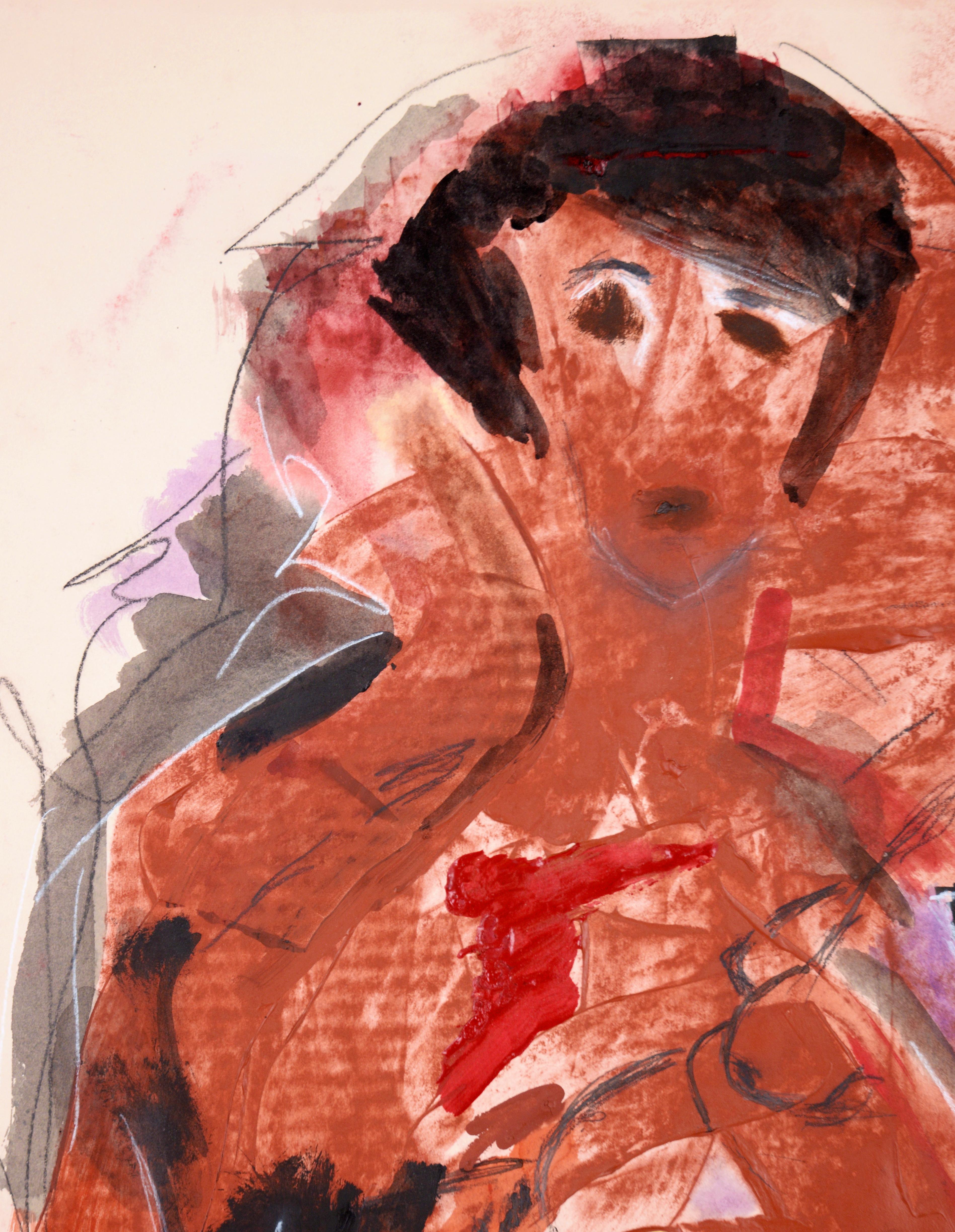 Le cœur qui saigne d'Alan Partridge - Expressionnisme abstrait
Œuvre d'art recto-verso : Au verso, l'expressionnisme abstrait représente une danseuse en robe corail. 

Une peinture abstraite discrète en noir corbeau et terre d'ombre brûlée, avec un