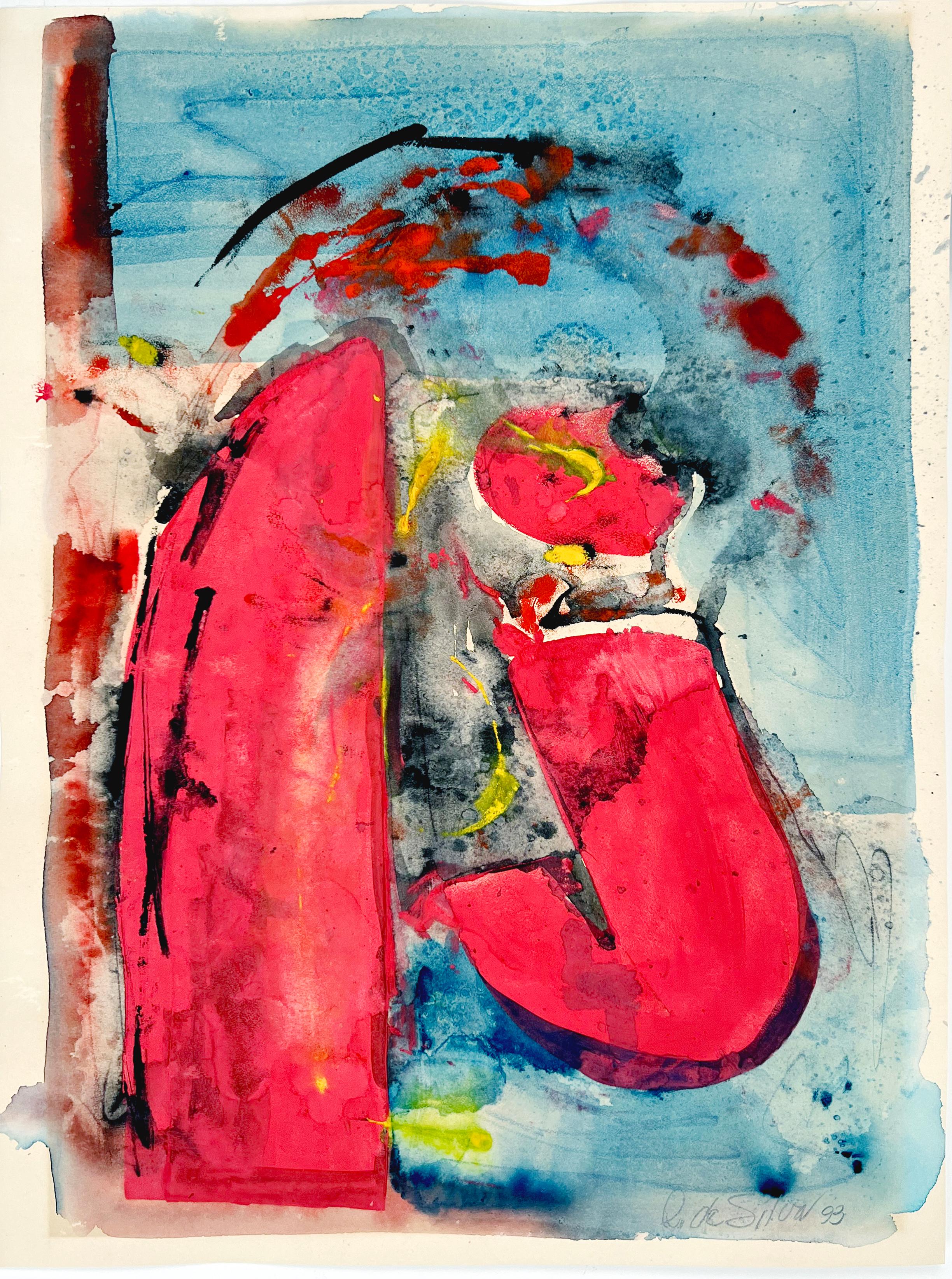 Beach Surf Artist Wizard in red Abstract Figural Acrylic and Watercolor on Paper - Painting by Ricardo de Silva