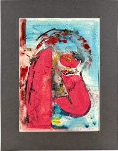 Vintage Beach Surf Artist Wizard in red Abstract Figural Acrylic and Watercolor on Paper