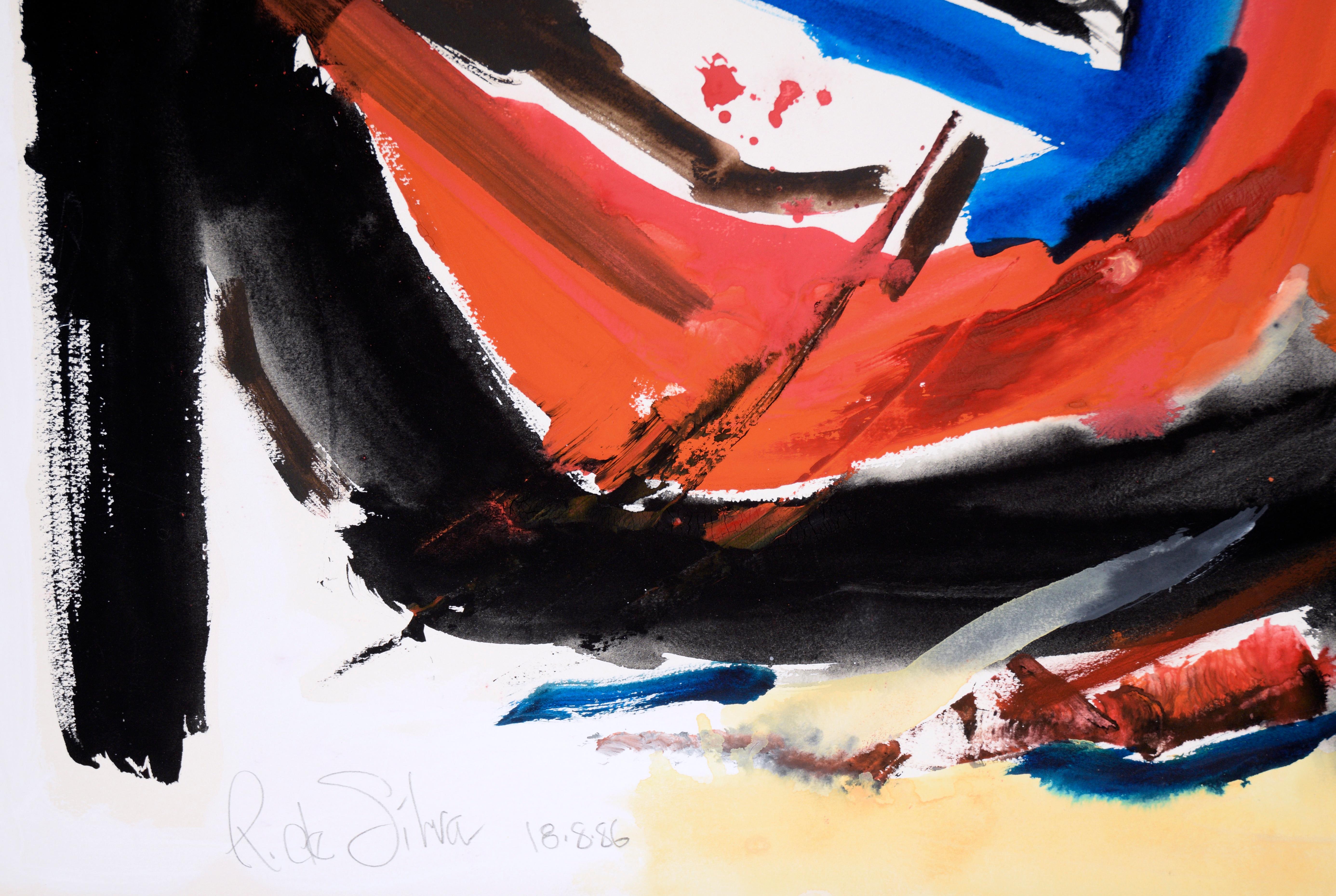 Black, Orange, and Blue Abstract Expressionist Composition in Acrylic on Paper For Sale 1