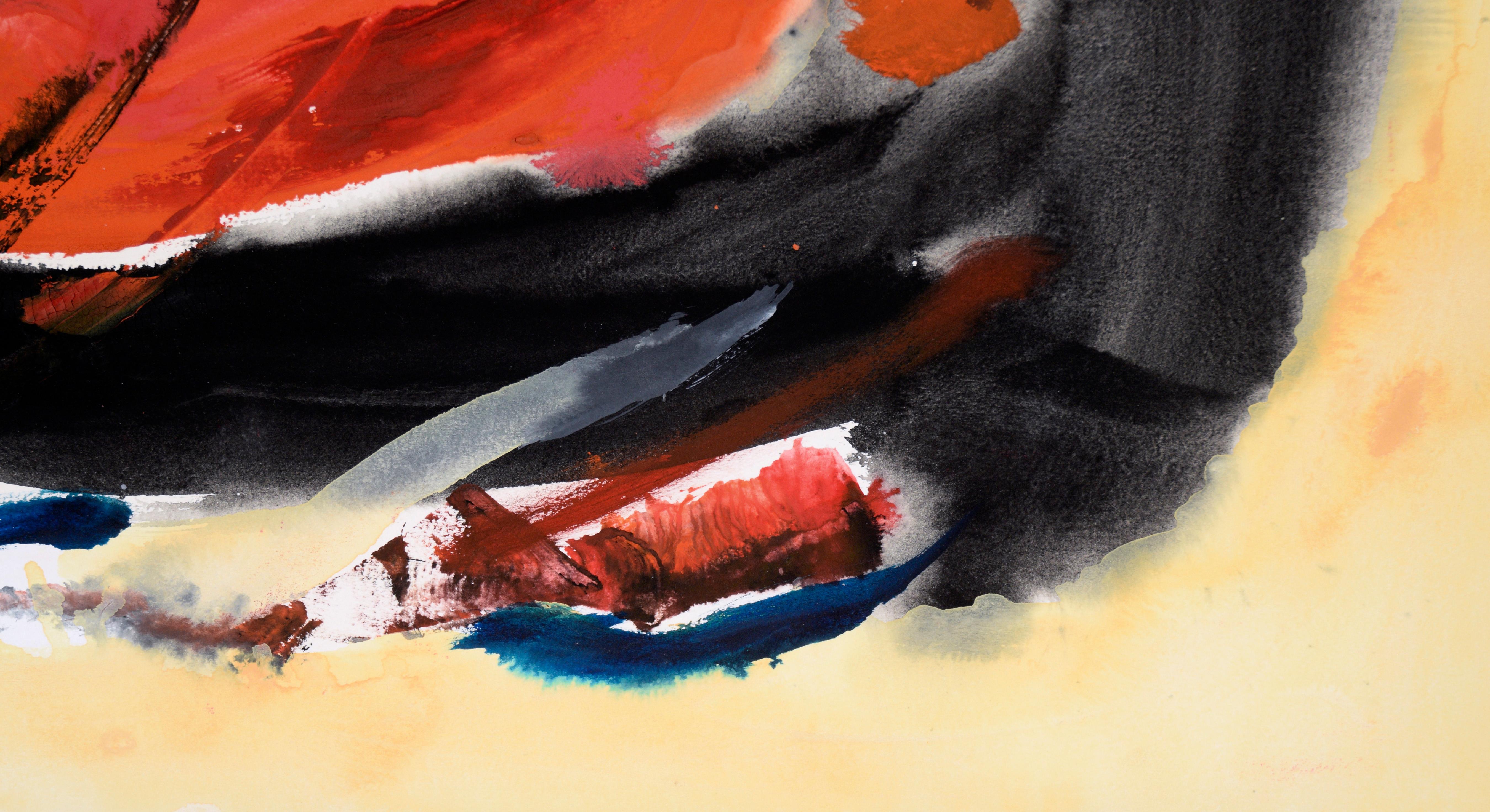 Black, Orange, and Blue Abstract Expressionist Composition in Acrylic on Paper For Sale 1
