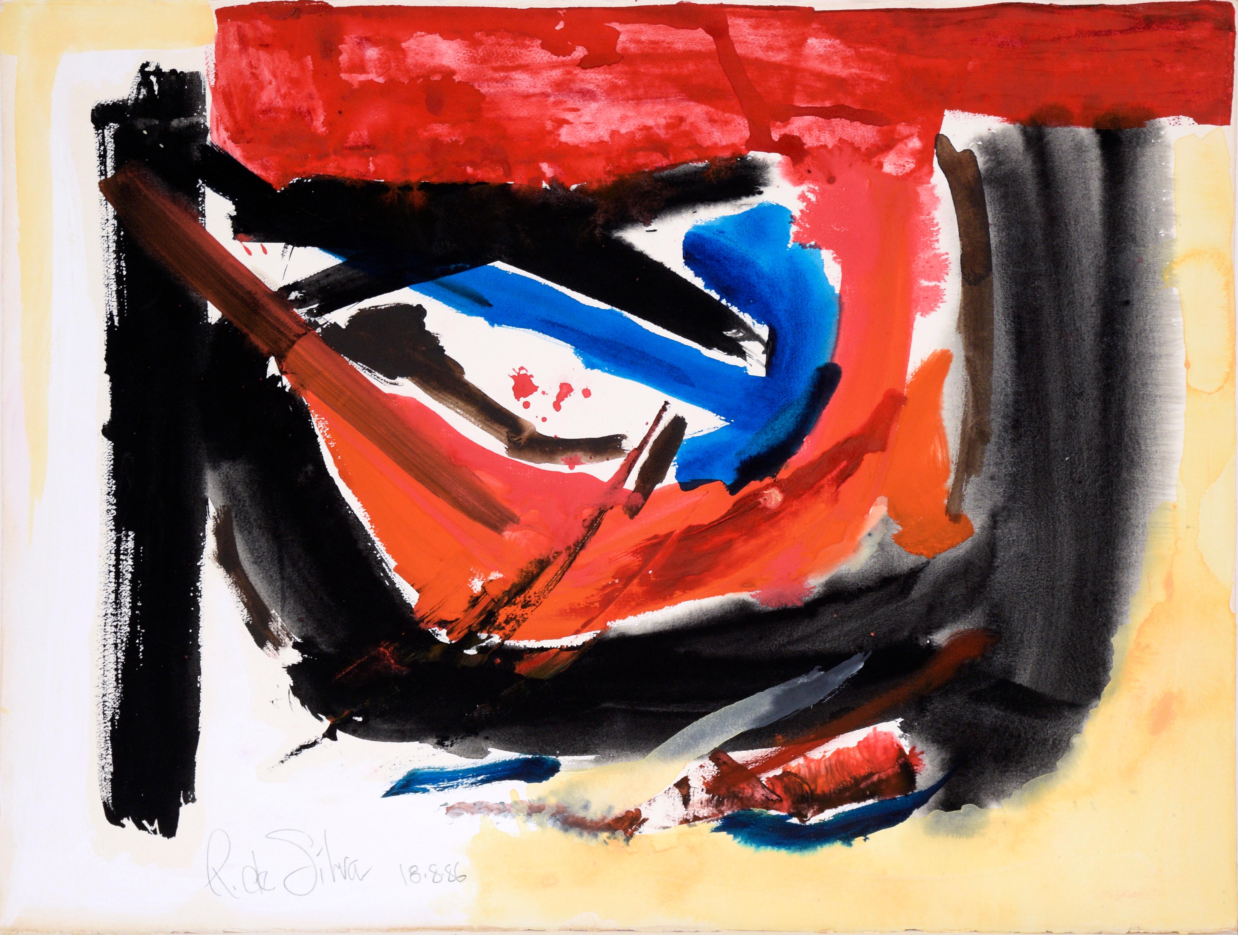 Ricardo de Silva Figurative Painting - Black, Orange, and Blue Abstract Expressionist Composition in Acrylic on Paper