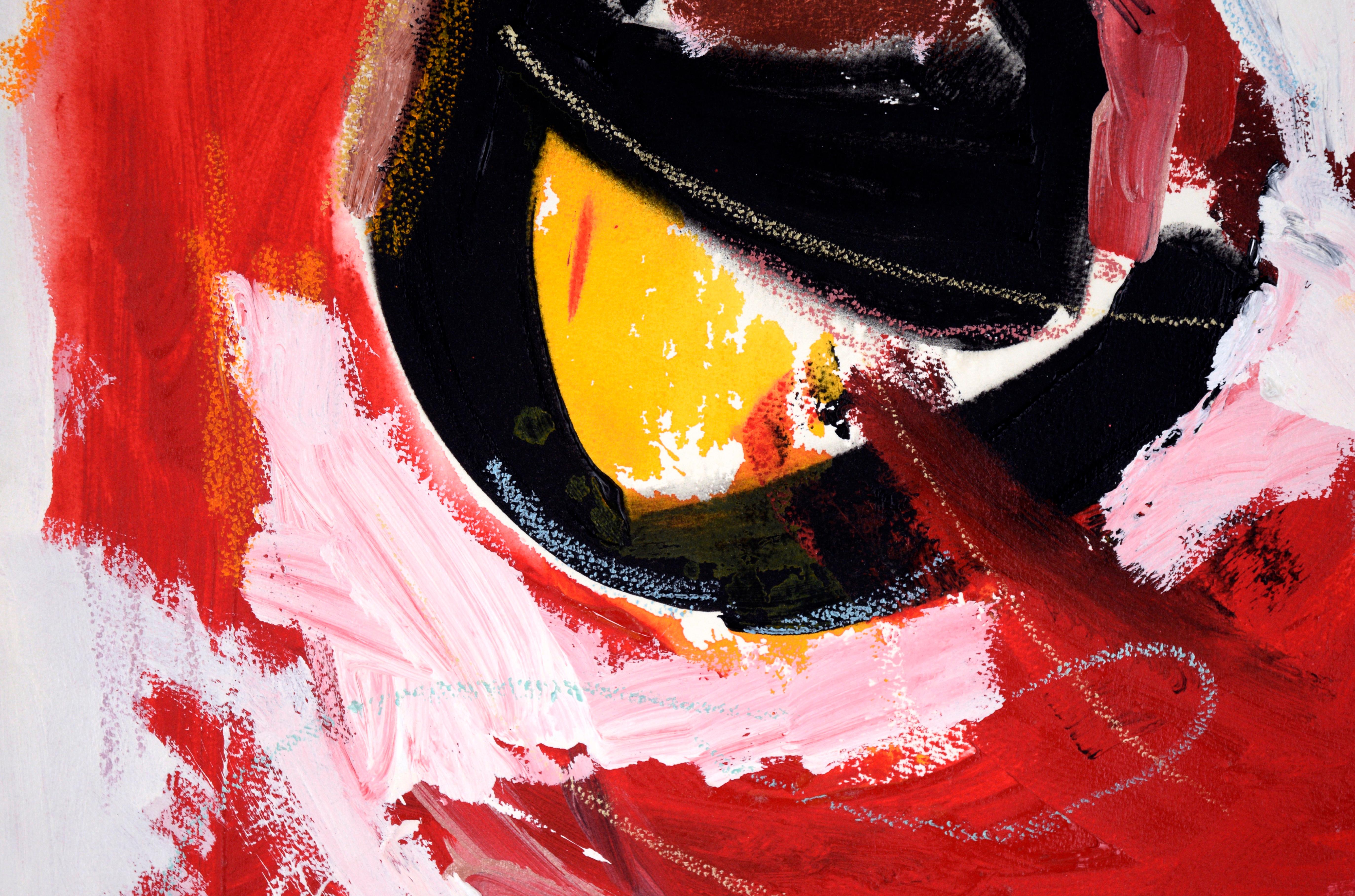 Schwarze Sonne im roten und weißen Himmel – Acryl auf Papier

Kühnes abstraktes Werk von Ricardo de Silva (Amerikaner/Brasilien, 20. Jahrhundert). Eine große schwarz-gelbe Kugel befindet sich in einem wirbelnden weiß-gelben Himmel. Es gibt Akzente