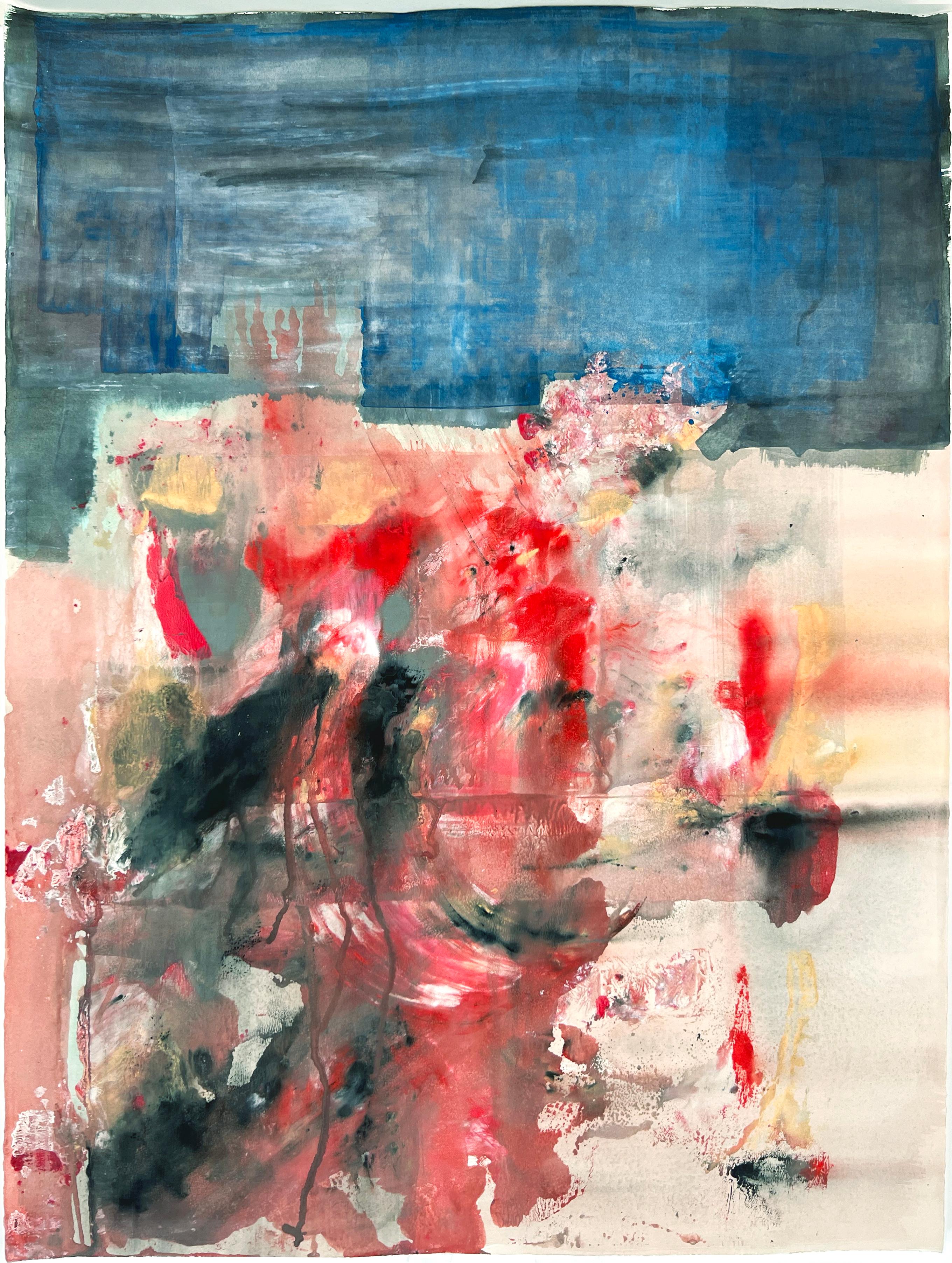  Abstrakte und figurative Komposition aus blauem und rotem Acryl auf Papier – Art von Ricardo de Silva