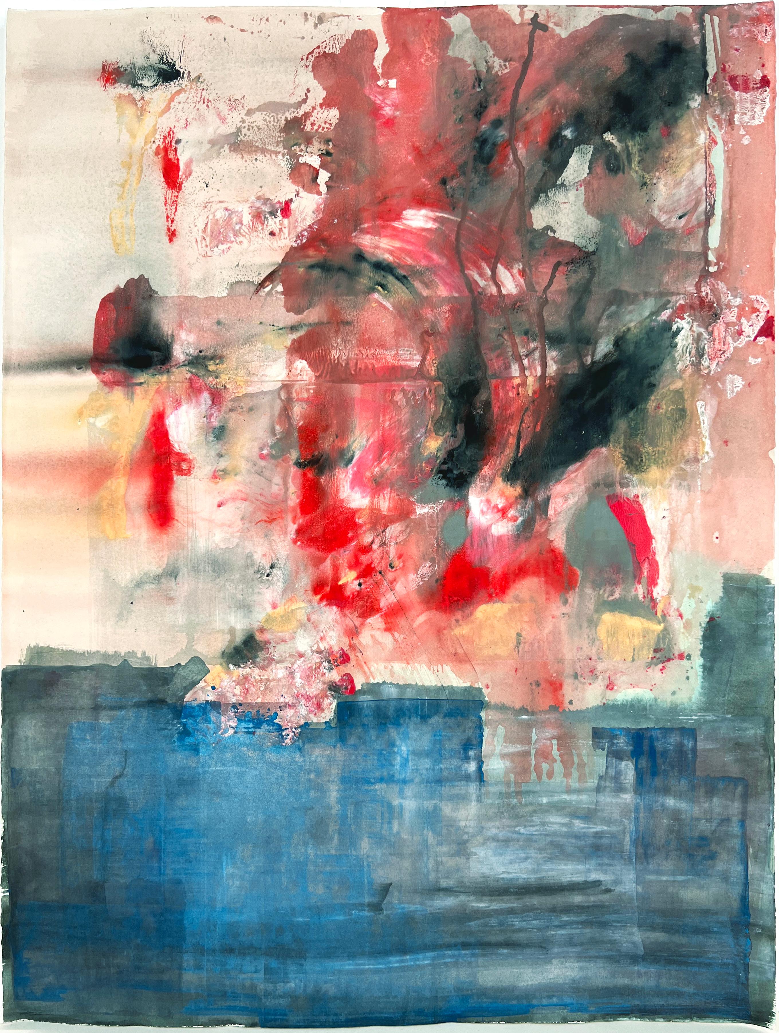  Abstrakte und figurative Komposition aus blauem und rotem Acryl auf Papier