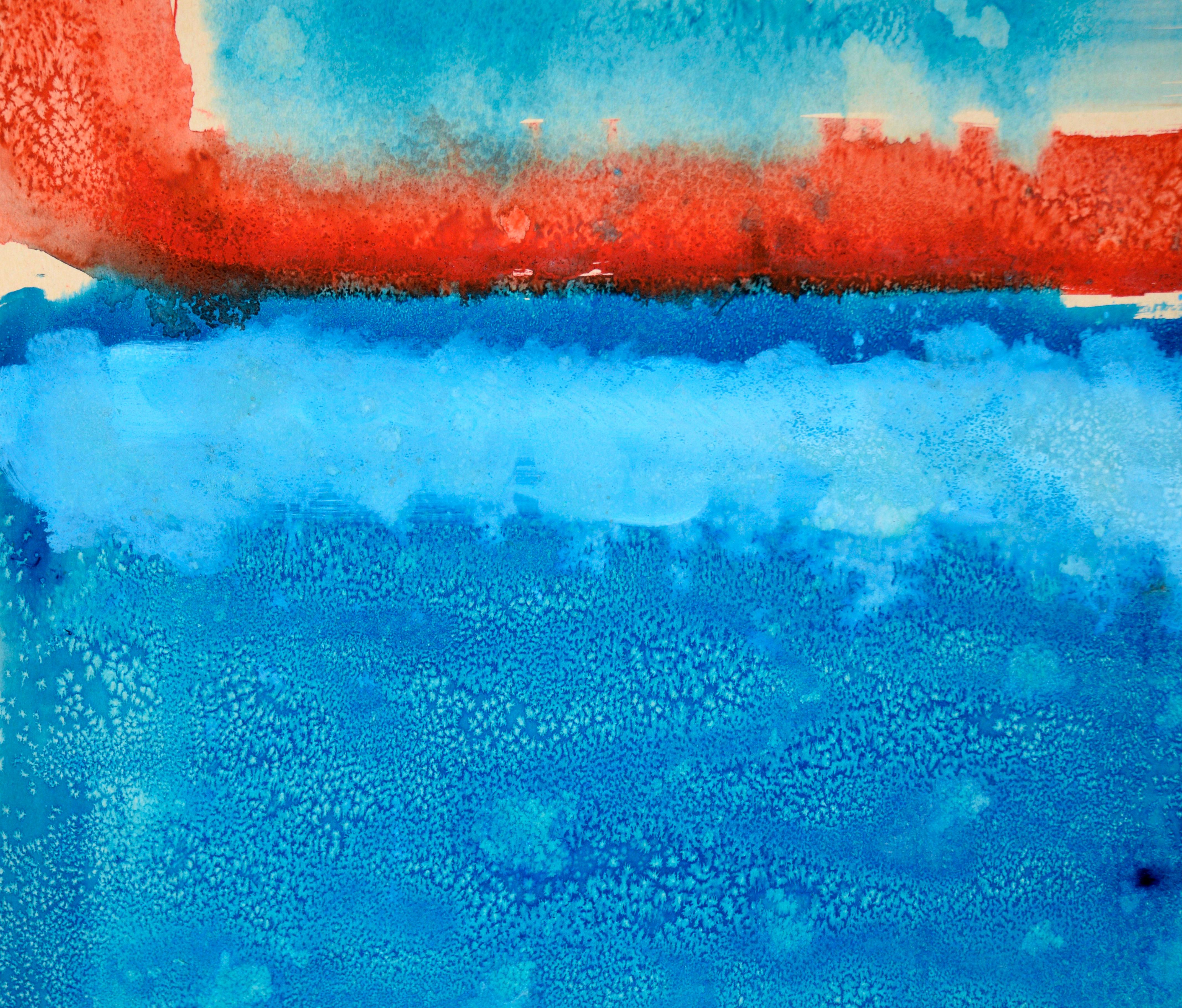 „Changing Seasons“ – Rot über Blau, Hommage an Mark Rothko in Acryl auf Papier

Ein helles abstraktes Gemälde des in Kalifornien lebenden Künstlers Ricardo de Silva (Amerikaner/Brasilien, 20. Jh.). In Anlehnung an Rothkos charakteristischen Stil hat
