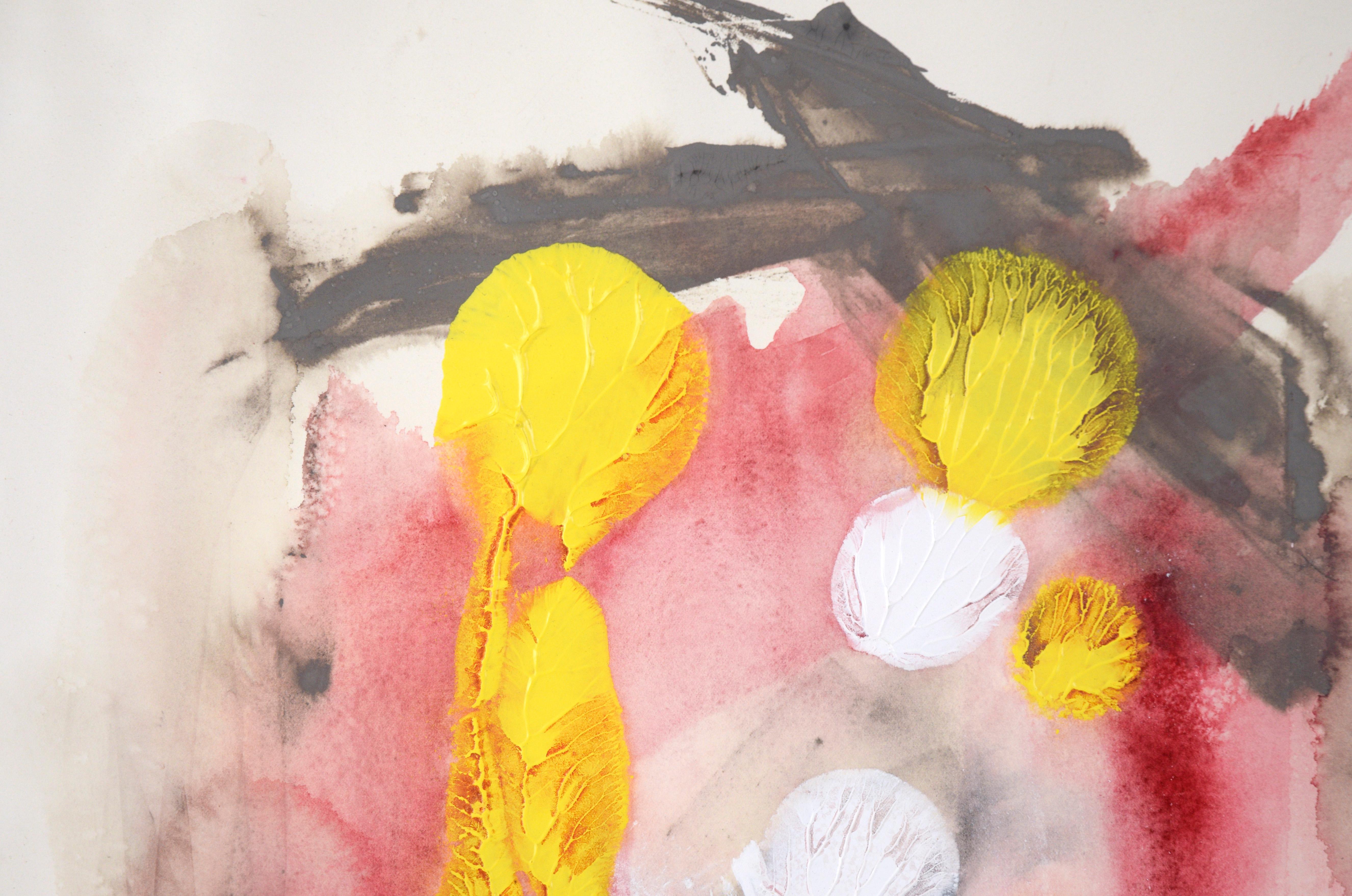 Falling Feathers in Yellow and White Abstract Expressionist in Acrylic on Paper - Painting by Ricardo de Silva