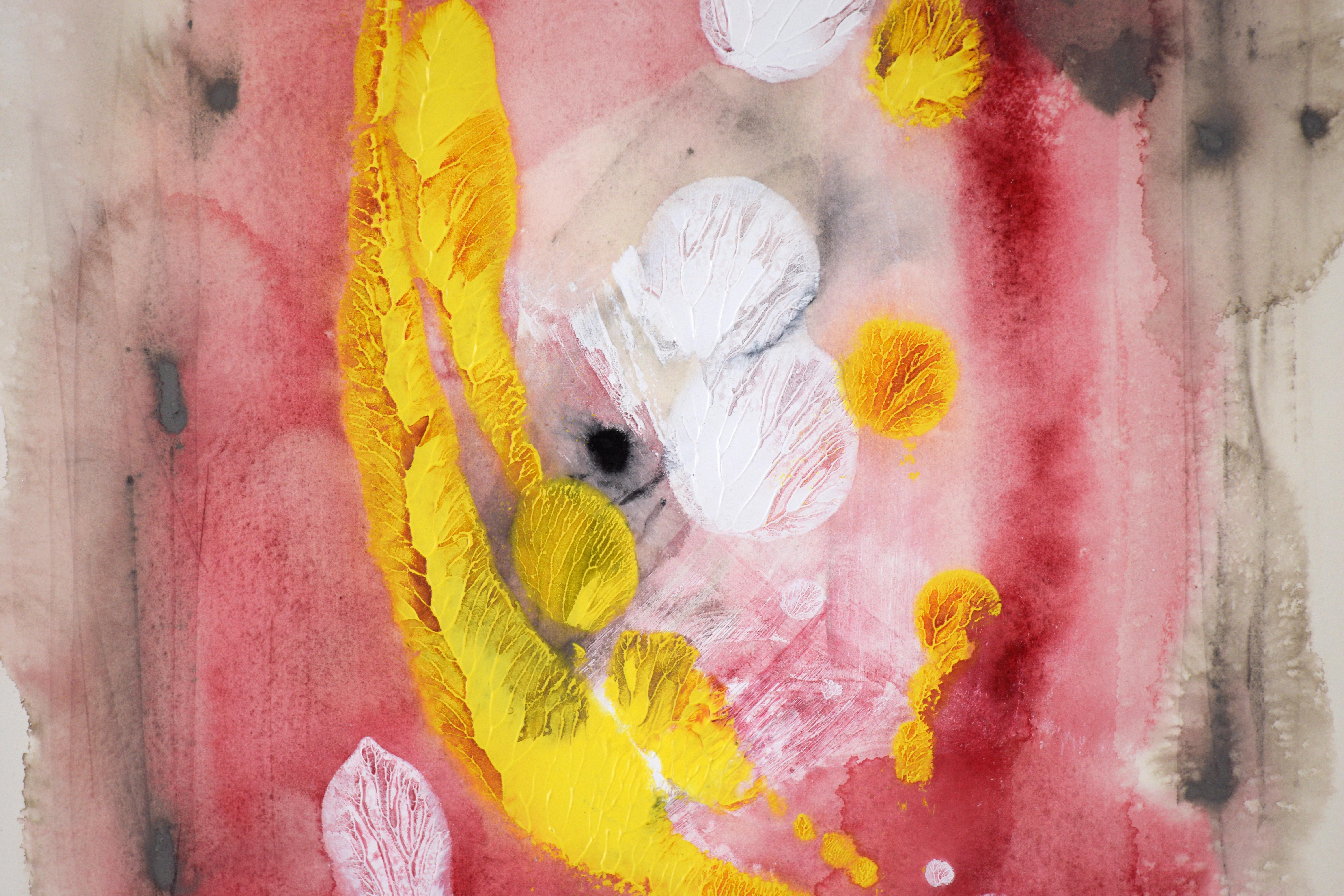 Falling Feathers in Yellow and White Abstract Expressionist in Acrylic on Paper

A bright abstract painting by California-based artist, Ricardo de Silva (American/Brazil, 20th C). Shapes resembling feathers are created out of thick paint pressed