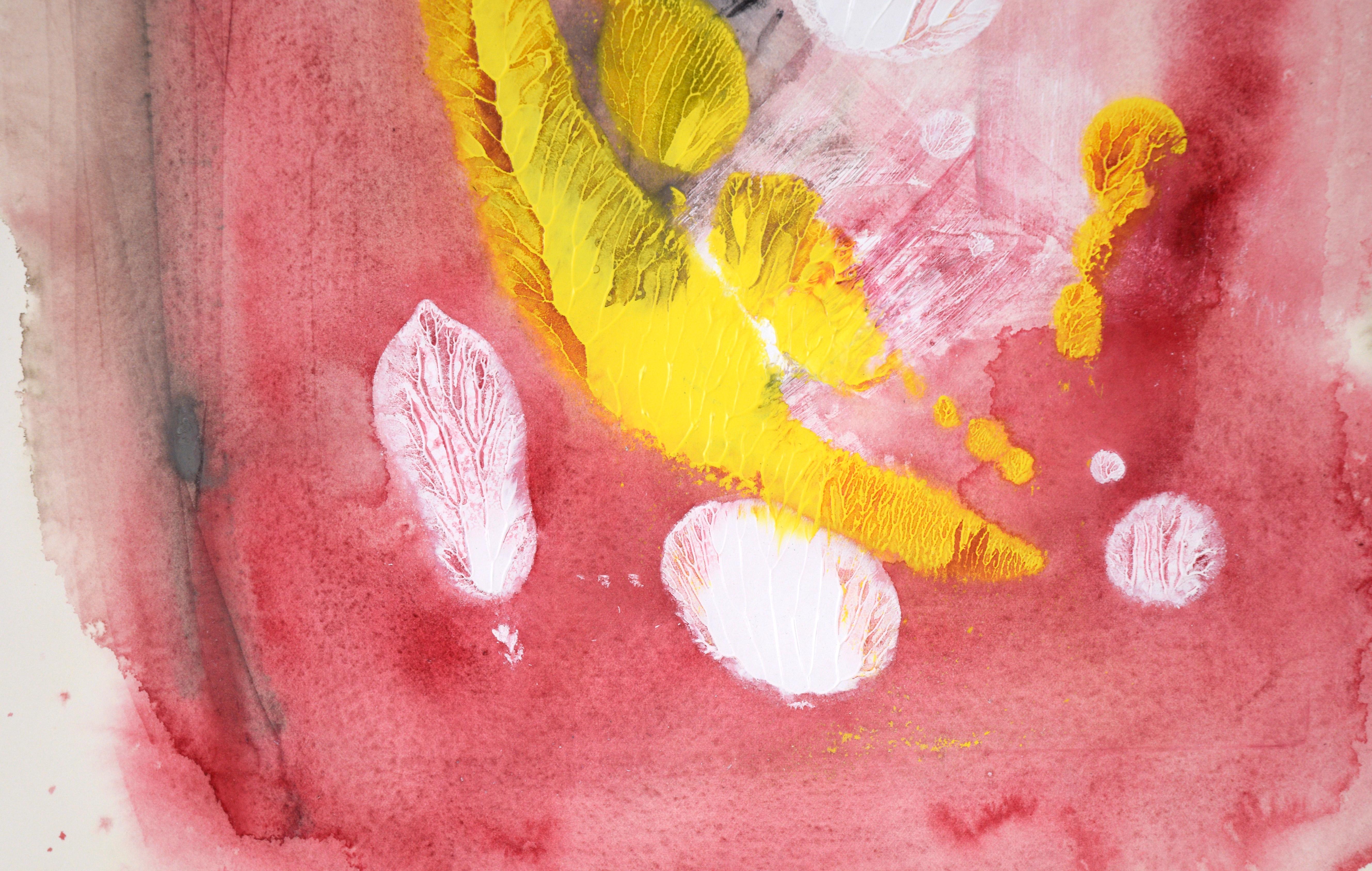 Falling Feathers in Yellow and White Abstract Expressionist in Acrylic on Paper For Sale 1