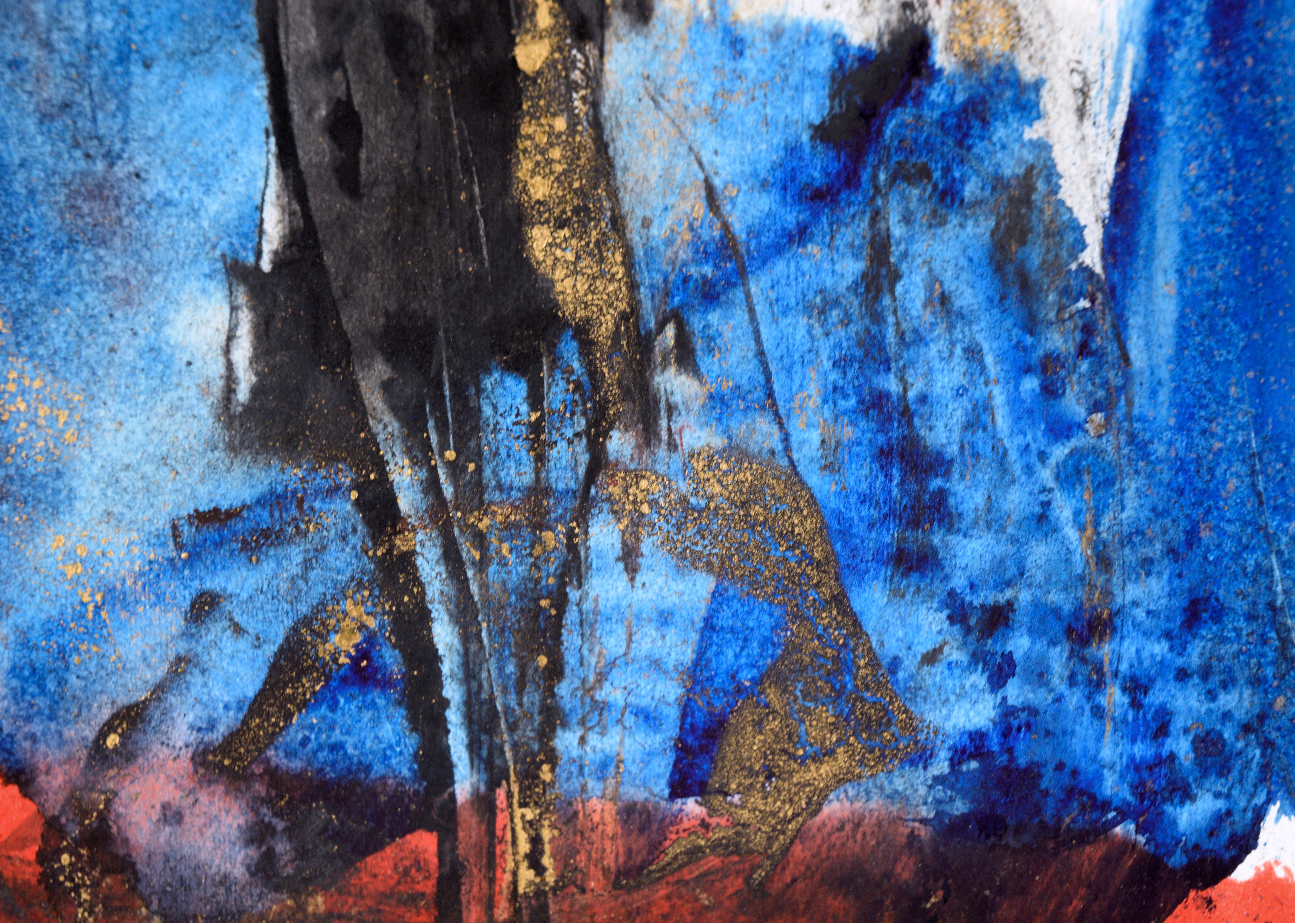 Flecks of Gold - Abstract Composition in Acrylic on Paper

A bold abstract painting by California-based artist Ricardo de Silva (American/Brazil, 20th C). 

Unsigned, but was acquired with a collection of the artist's work. Swirls of bold red and
