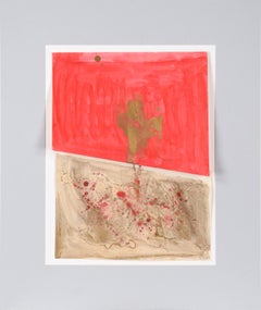 Abstrakt-expressionistische Komposition aus Acryl auf Papier, gefaltetes Rot und Gold