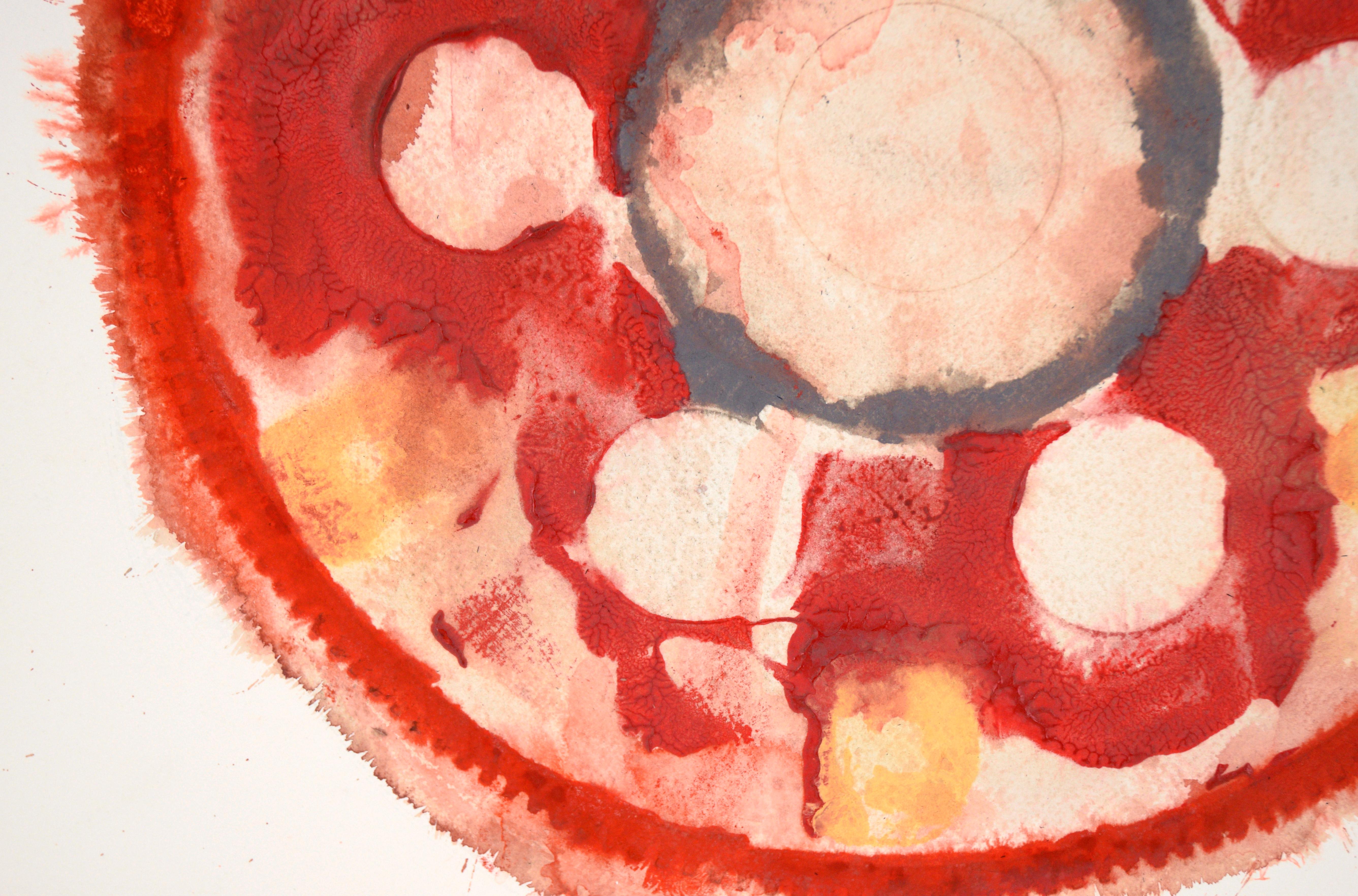 Get in Gear - Composition expressionniste abstraite géométrique en acrylique sur papier

Une peinture abstraite audacieuse en rouge de l'artiste californien Ricardo de Silva (Américain/Brésil, C.C.). Un grand engrenage (peut-être un plateau flexible