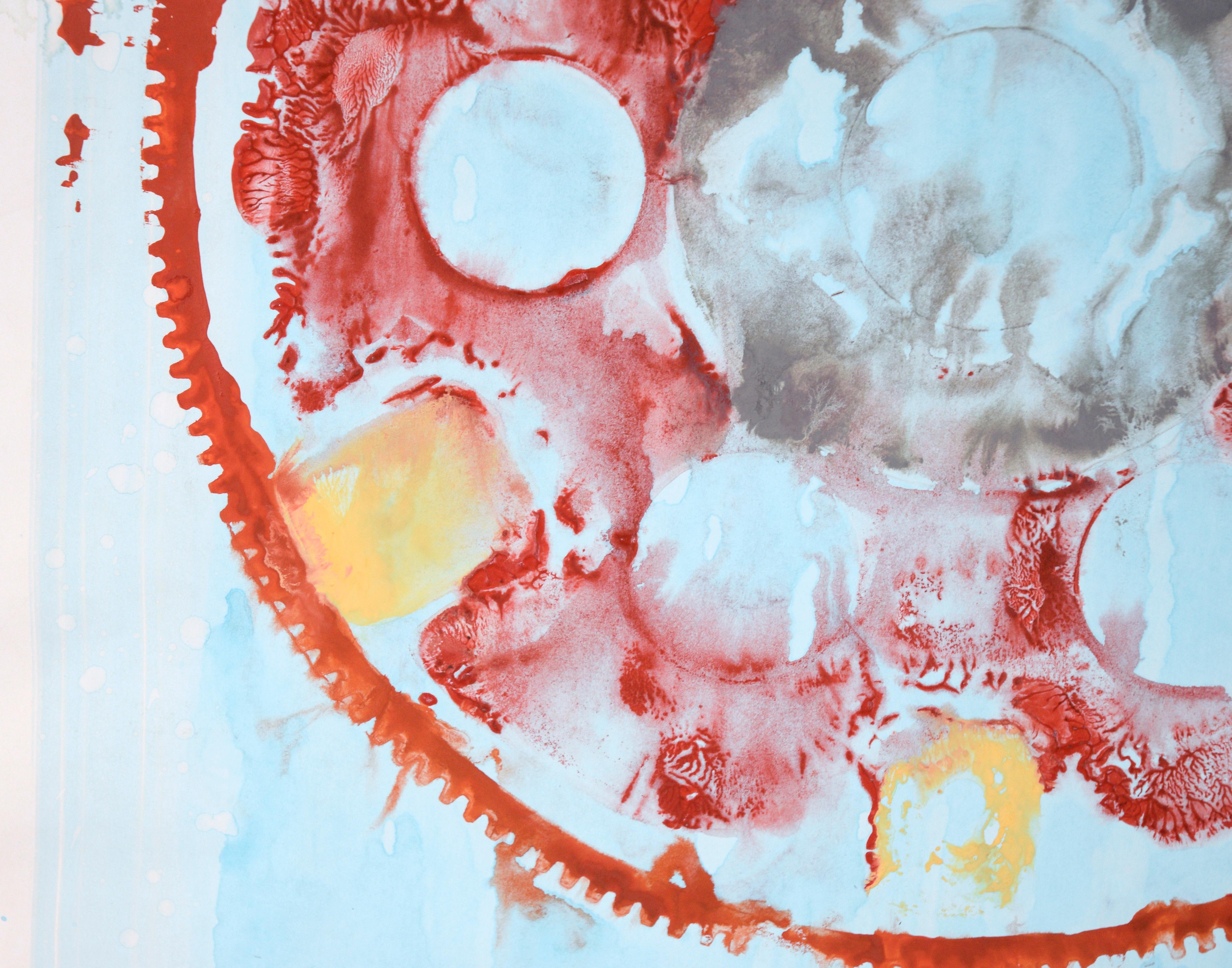 Get in Gear - Mandala expressionniste abstrait géométrique en acrylique sur papier

Une peinture abstraite audacieuse en rouge de l'artiste californien Ricardo de Silva (Américain/Brésil, C.C.). Un grand engrenage (peut-être un plateau flexible de