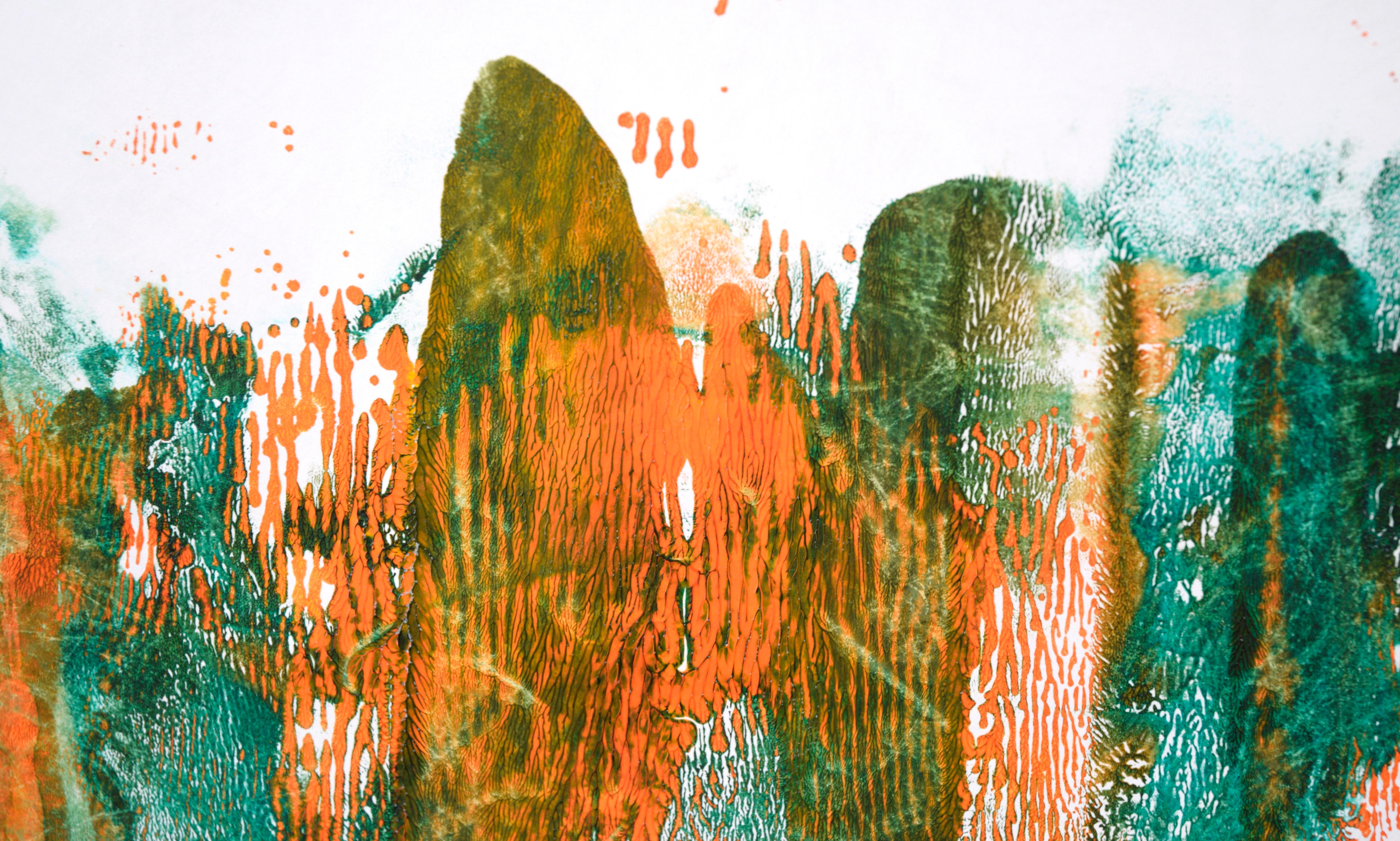 Grüne und orangefarbene abstrakte Komposition aus Acryl auf Papier (Abstrakter Expressionismus), Painting, von Ricardo de Silva