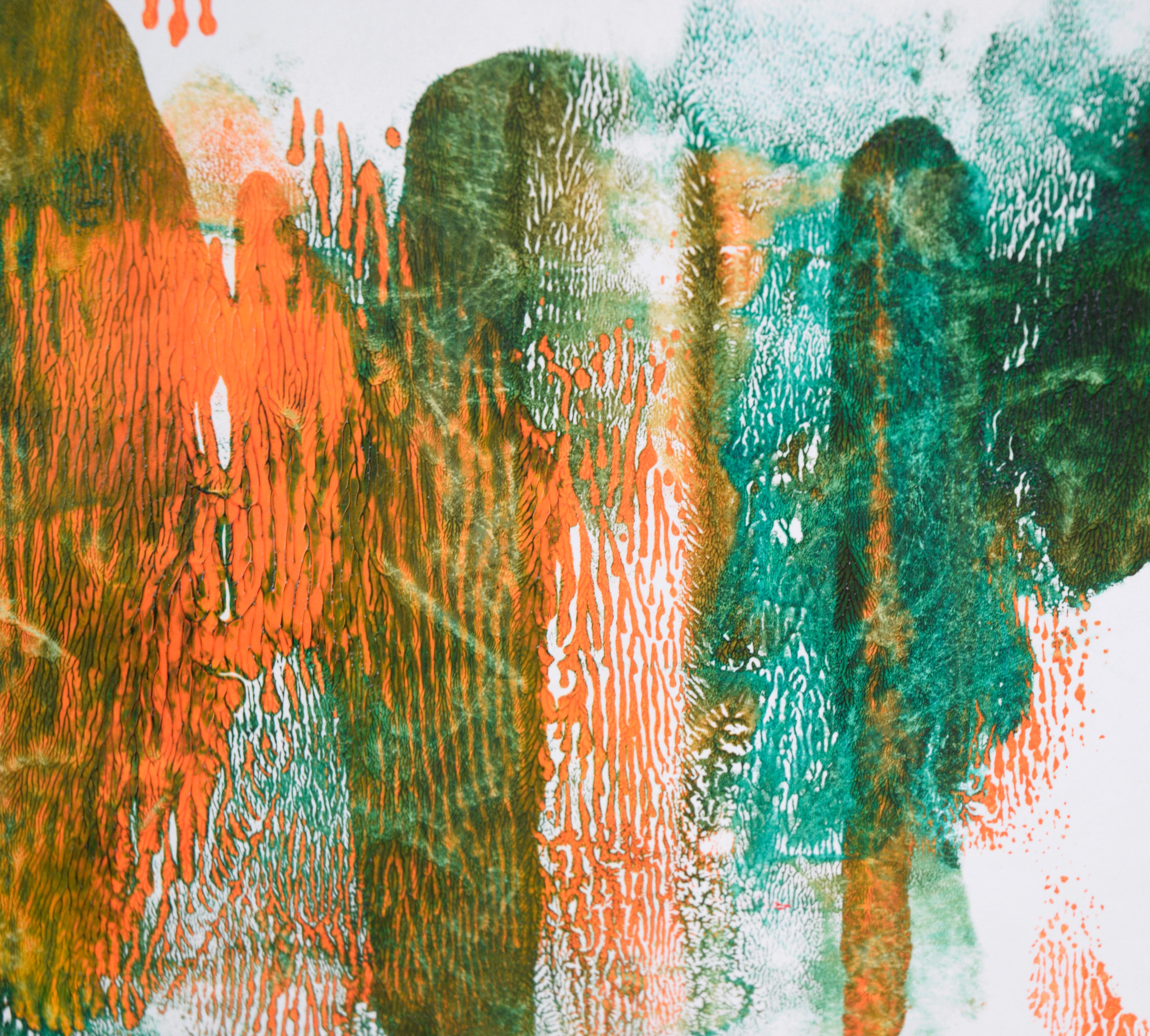 Green and Orange Abstract Composition in Acrylic on Paper

A bold abstract painting by California-based artist Ricardo de Silva (American/Brazil, 20th C). Bright orange and green are  used to create a monoprint - the composition was painted on a
