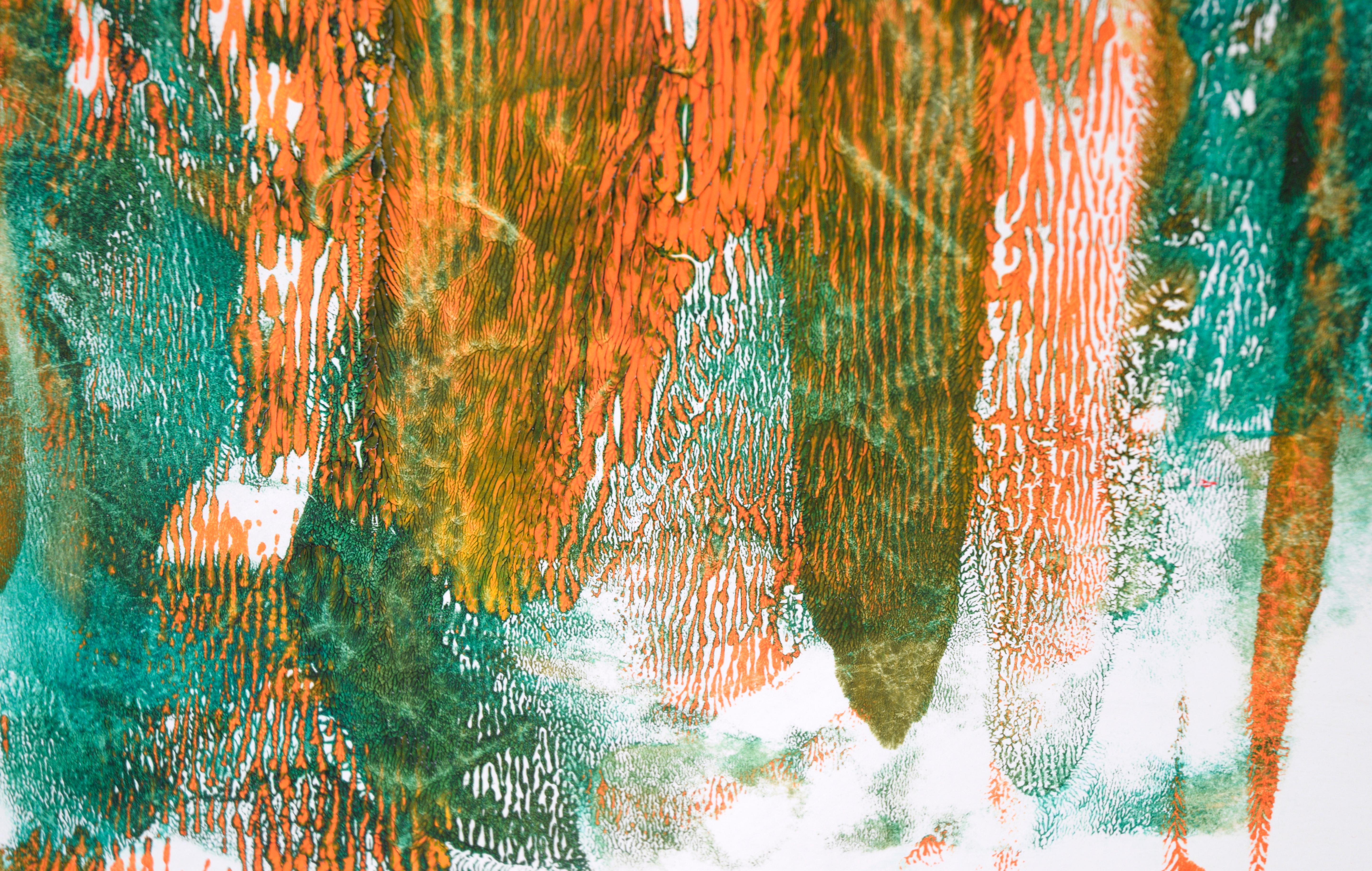 Grüne und orangefarbene abstrakte Komposition aus Acryl auf Papier im Angebot 1