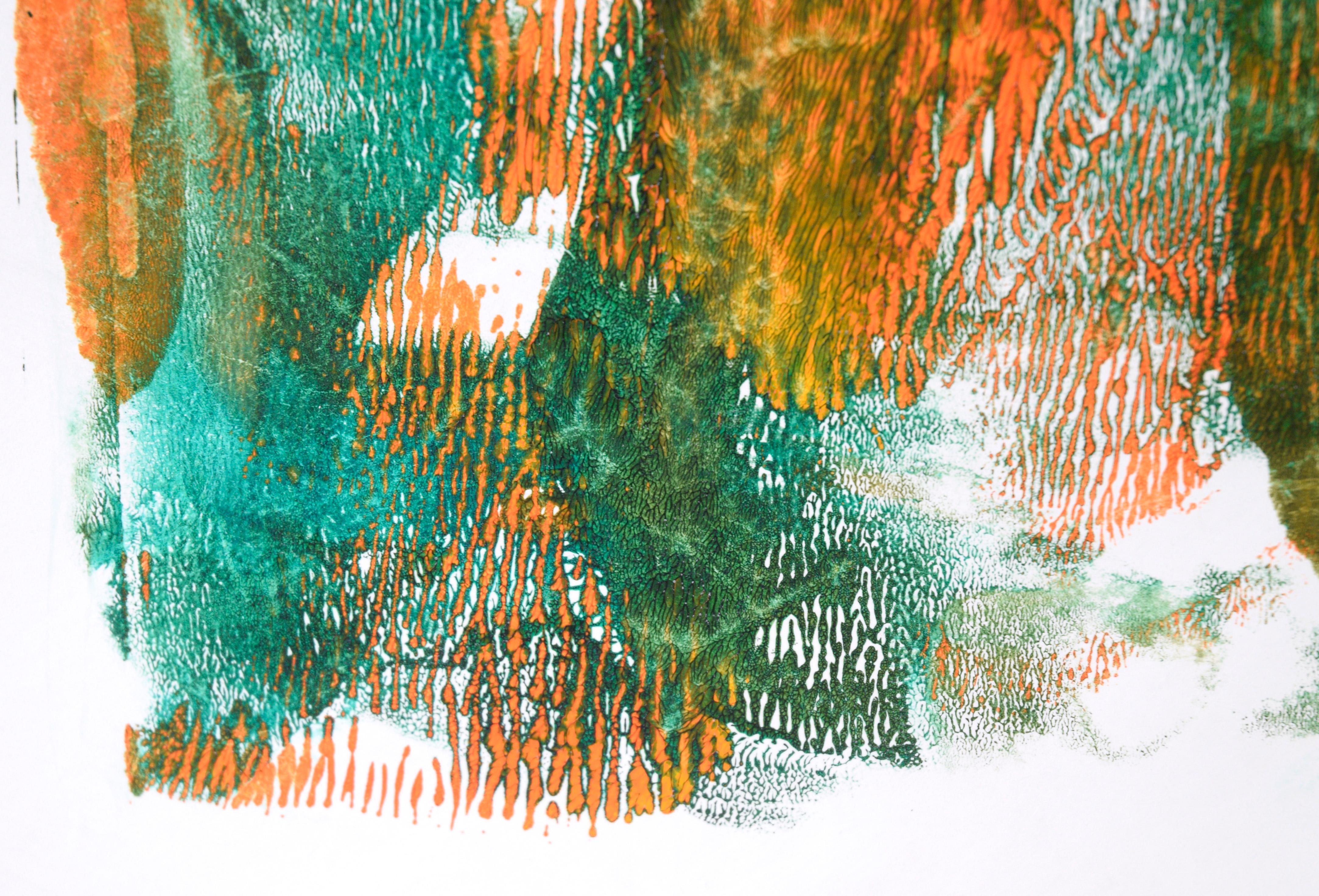 Grüne und orangefarbene abstrakte Komposition aus Acryl auf Papier im Angebot 2