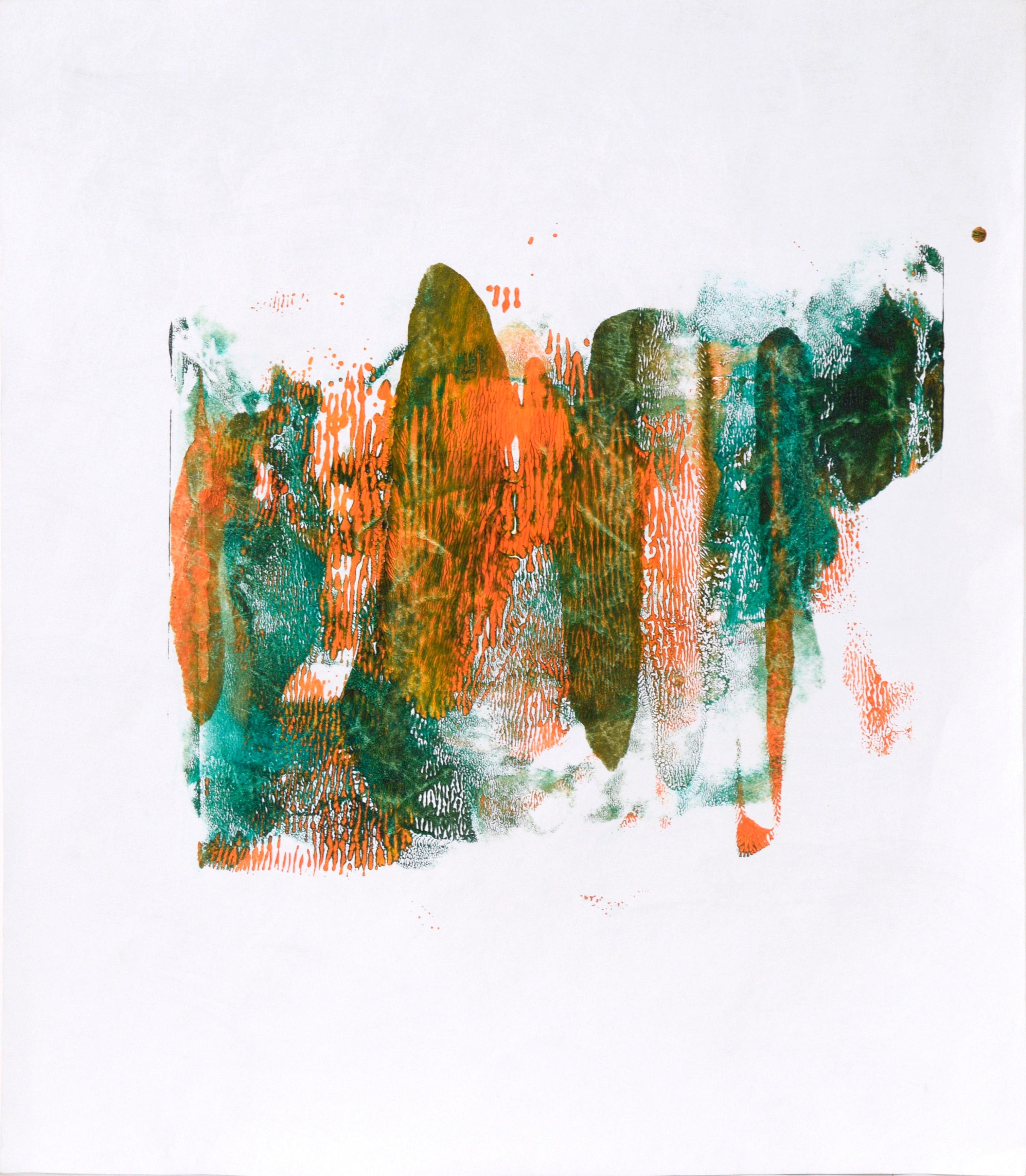 Ricardo de Silva Abstract Painting – Grüne und orangefarbene abstrakte Komposition aus Acryl auf Papier