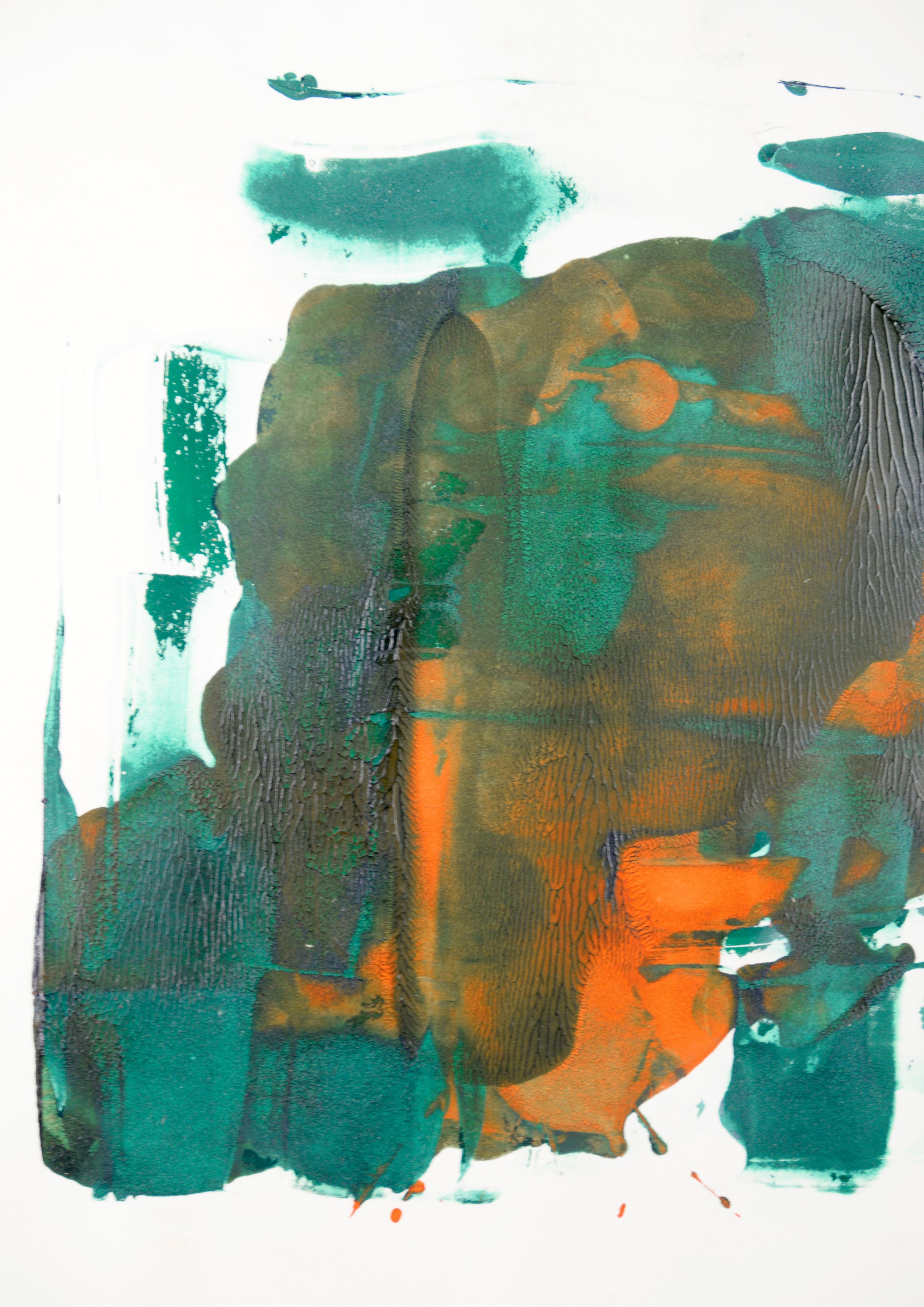 Composition abstraite verte sur orange à l'acrylique sur papier - Painting de Ricardo de Silva