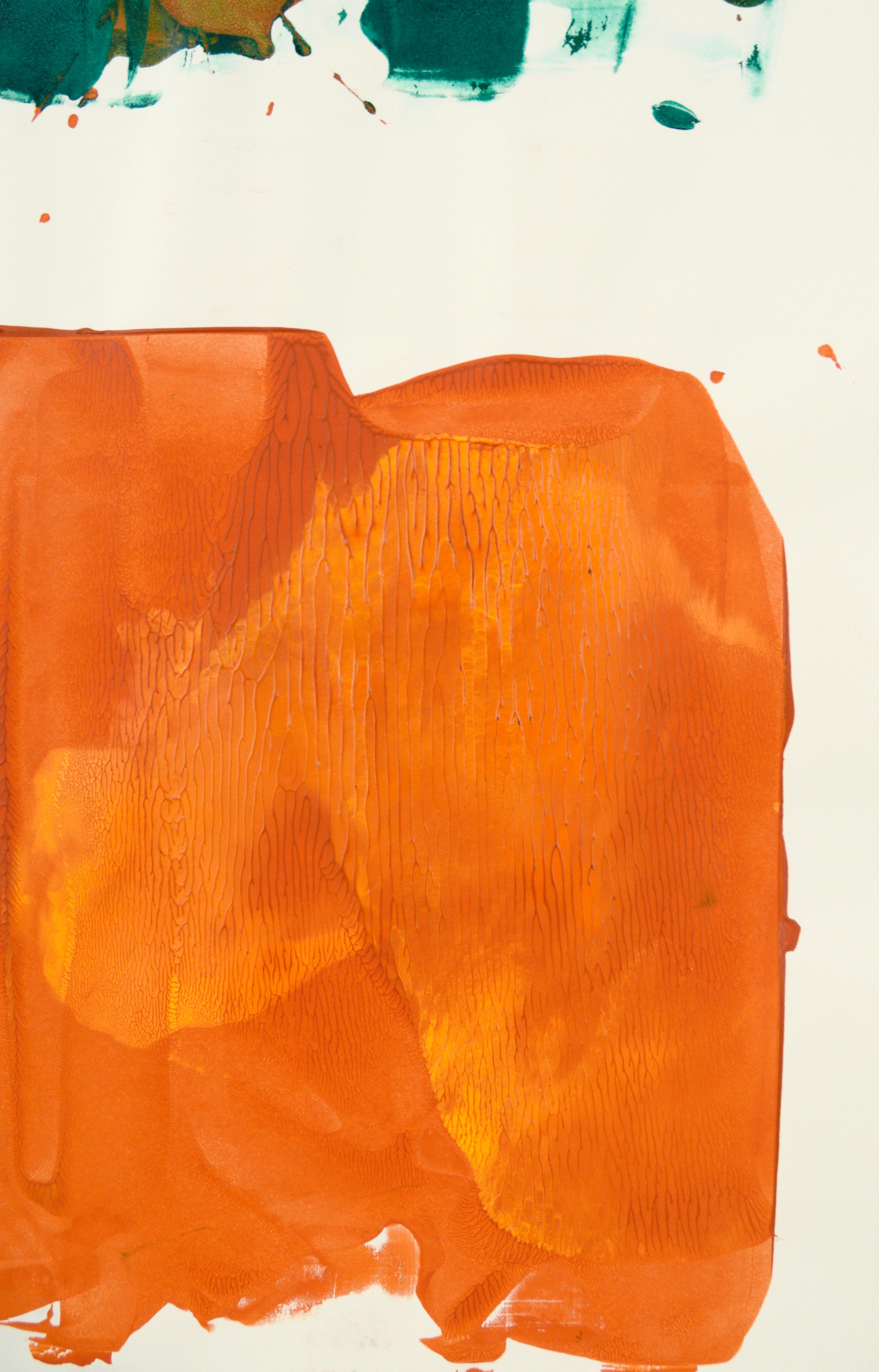 Composition abstraite verte sur orange à l'acrylique sur papier

Peinture abstraite audacieuse de l'artiste californien Ricardo de Silva (Américain/Brésil, C.C.). L'orange vif et le vert sont  La composition était peinte sur une feuille de verre, de