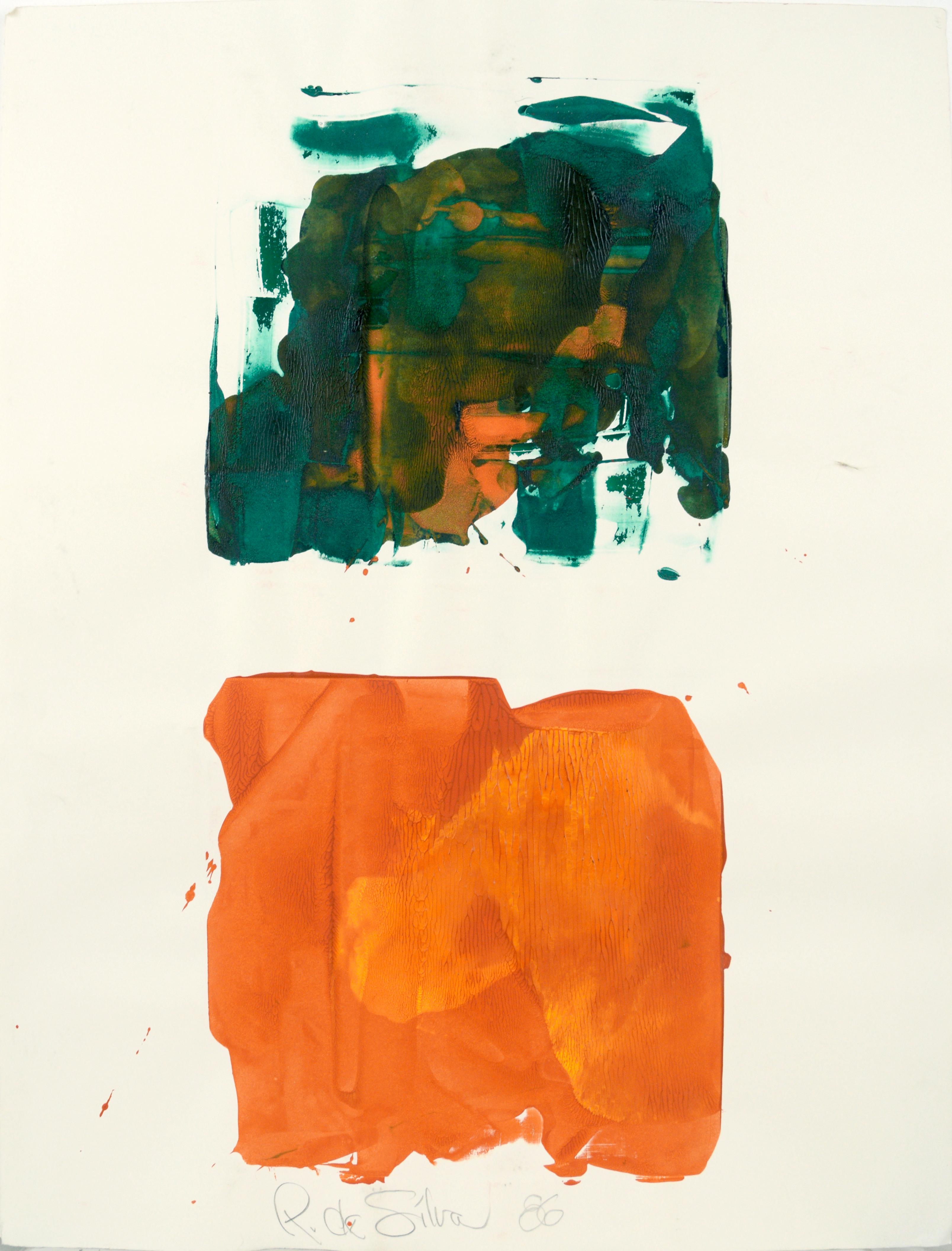 Abstract Painting Ricardo de Silva - Composition abstraite verte sur orange à l'acrylique sur papier
