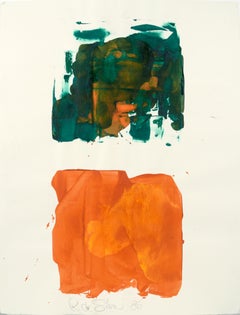 Composition abstraite verte sur orange à l'acrylique sur papier