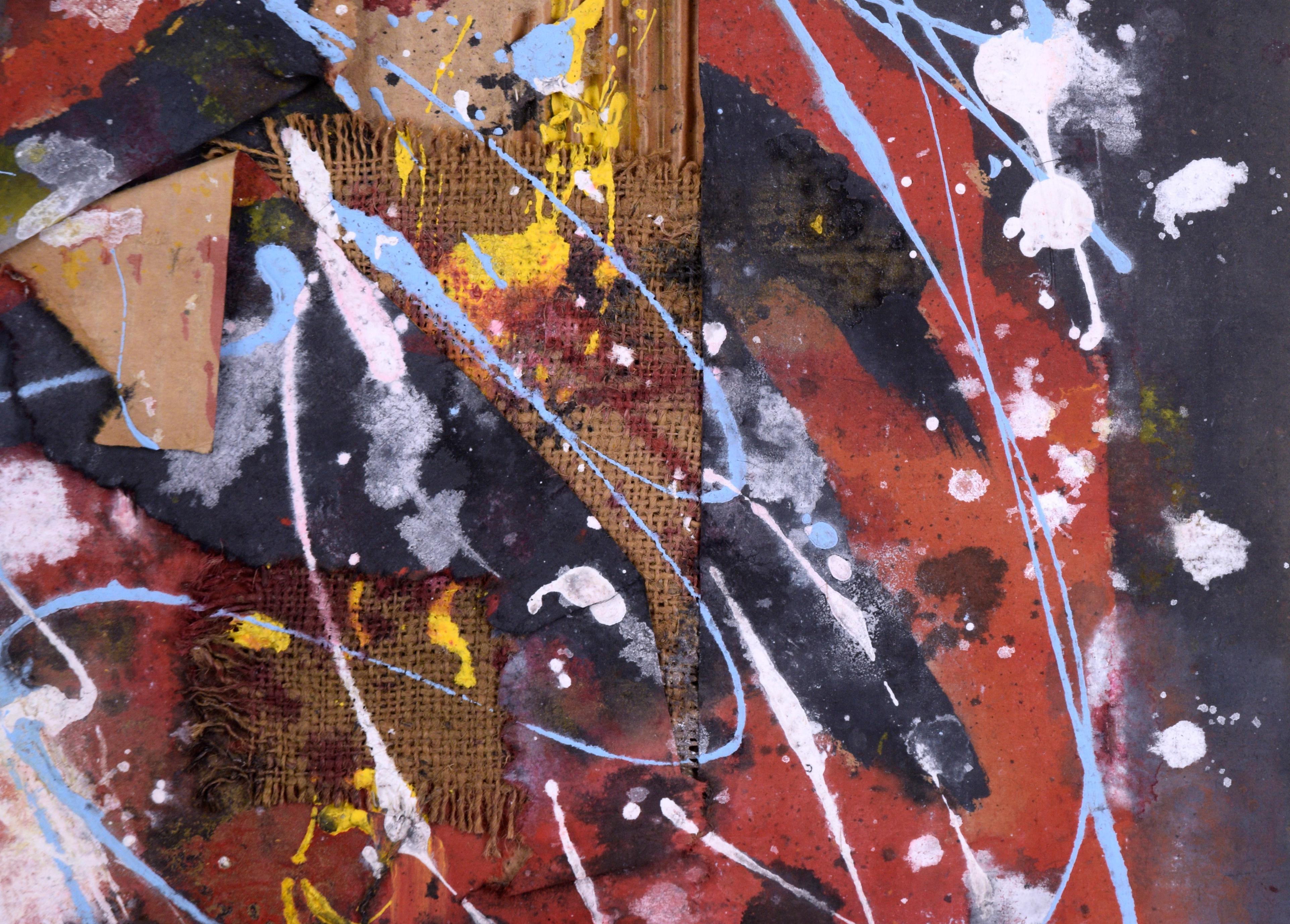 Jute Nebula - 3D Abstrakter Expressionismus Mixed Media auf Karton

Abstraktes Bild des in Kalifornien lebenden Künstlers Ricardo de Silva (Brasilianer, 20. Jahrhundert) in kräftigem Rot, Gelb und Himmelblau auf weichem schwarzen Hintergrund. Der