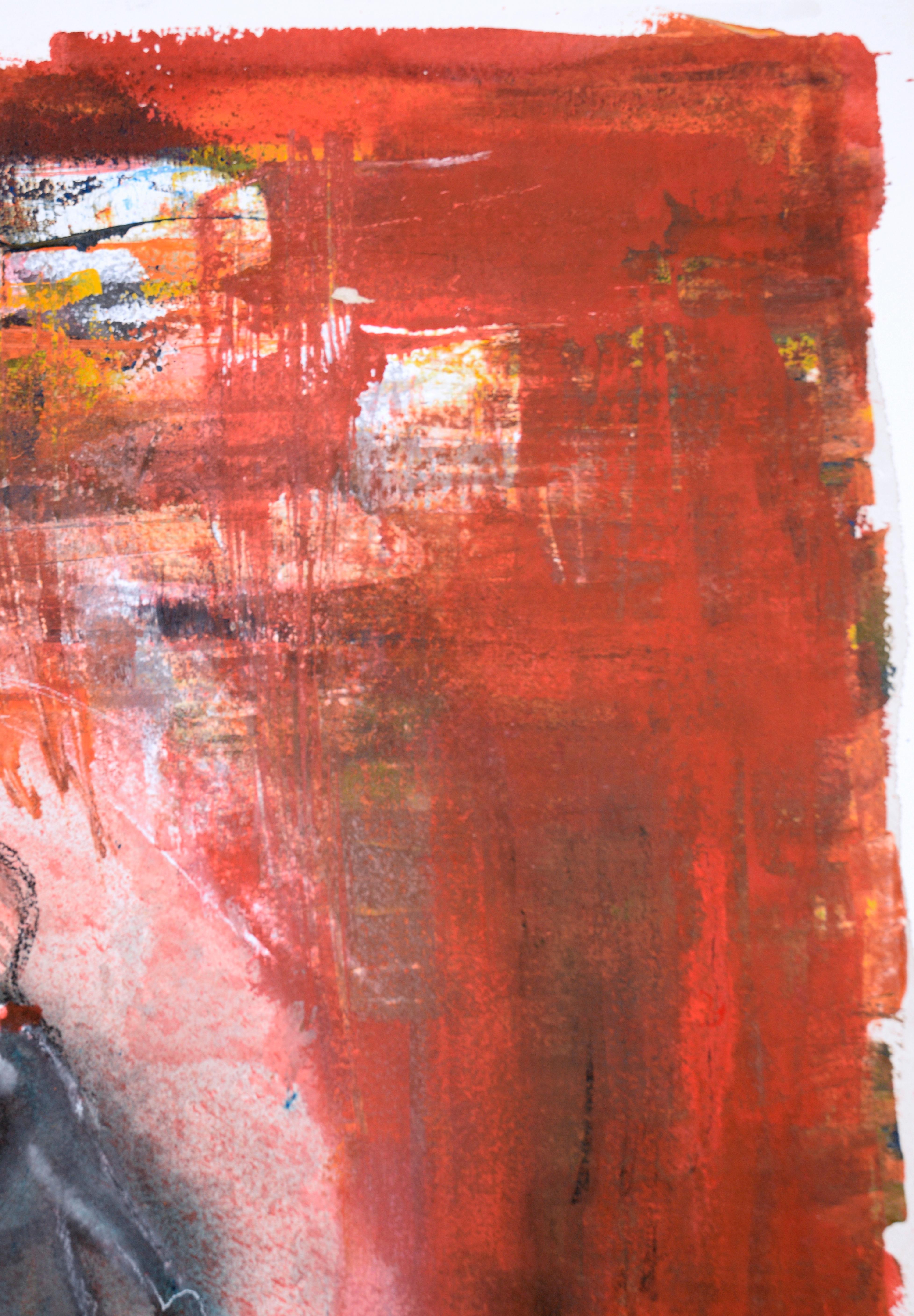 Der Mann am Draht - Abstrakter Expressionismus

Ein lebhaftes abstraktes Gemälde in intensivem Mohnrot, das einen Mann in schwarzer Krawatte darstellt, der mit einem Regenschirm auf einem Drahtseil läuft, von dem in Kalifornien lebenden Künstler