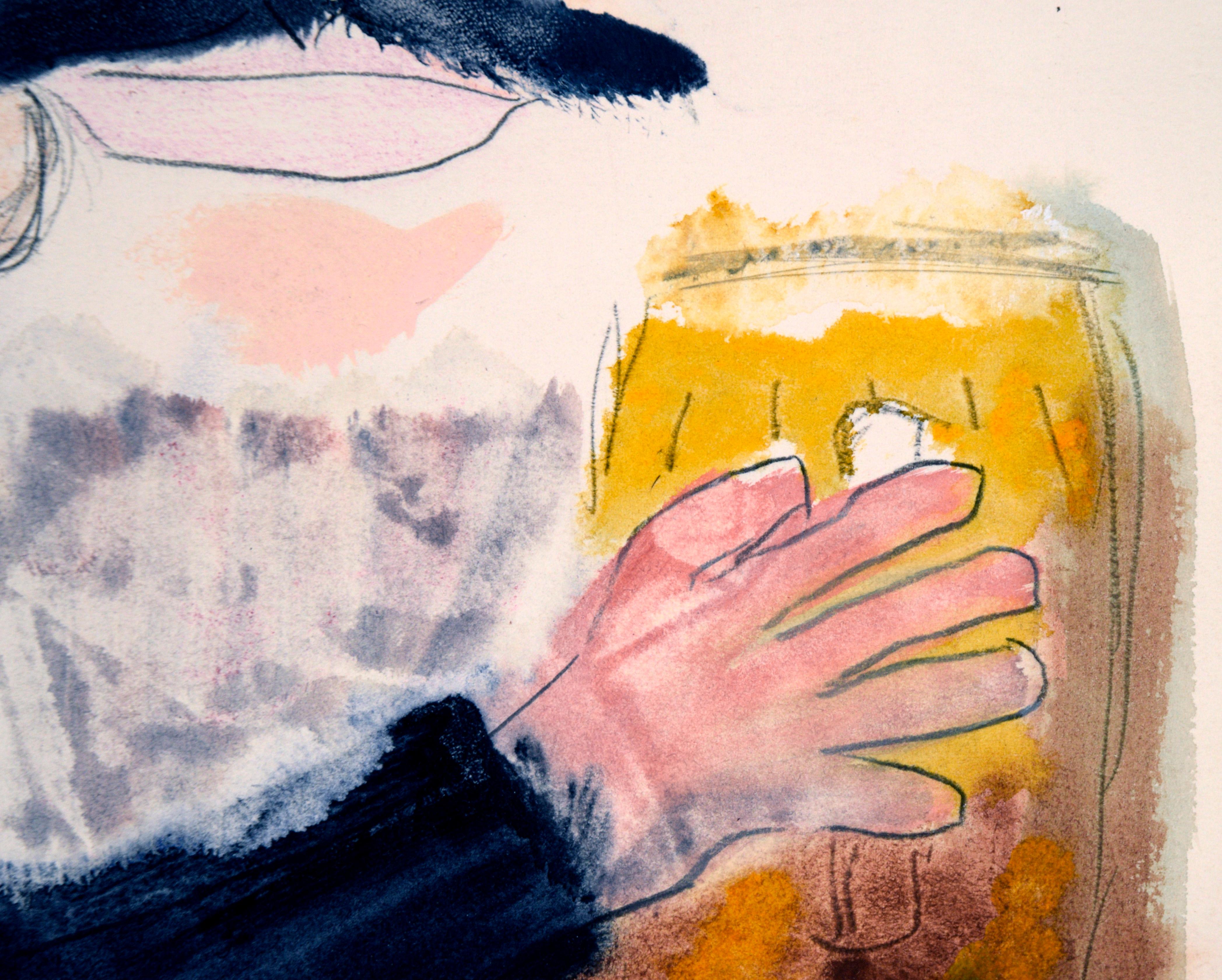Portrait of a Man Drinking Beer in Acrylic on Paper For Sale 1