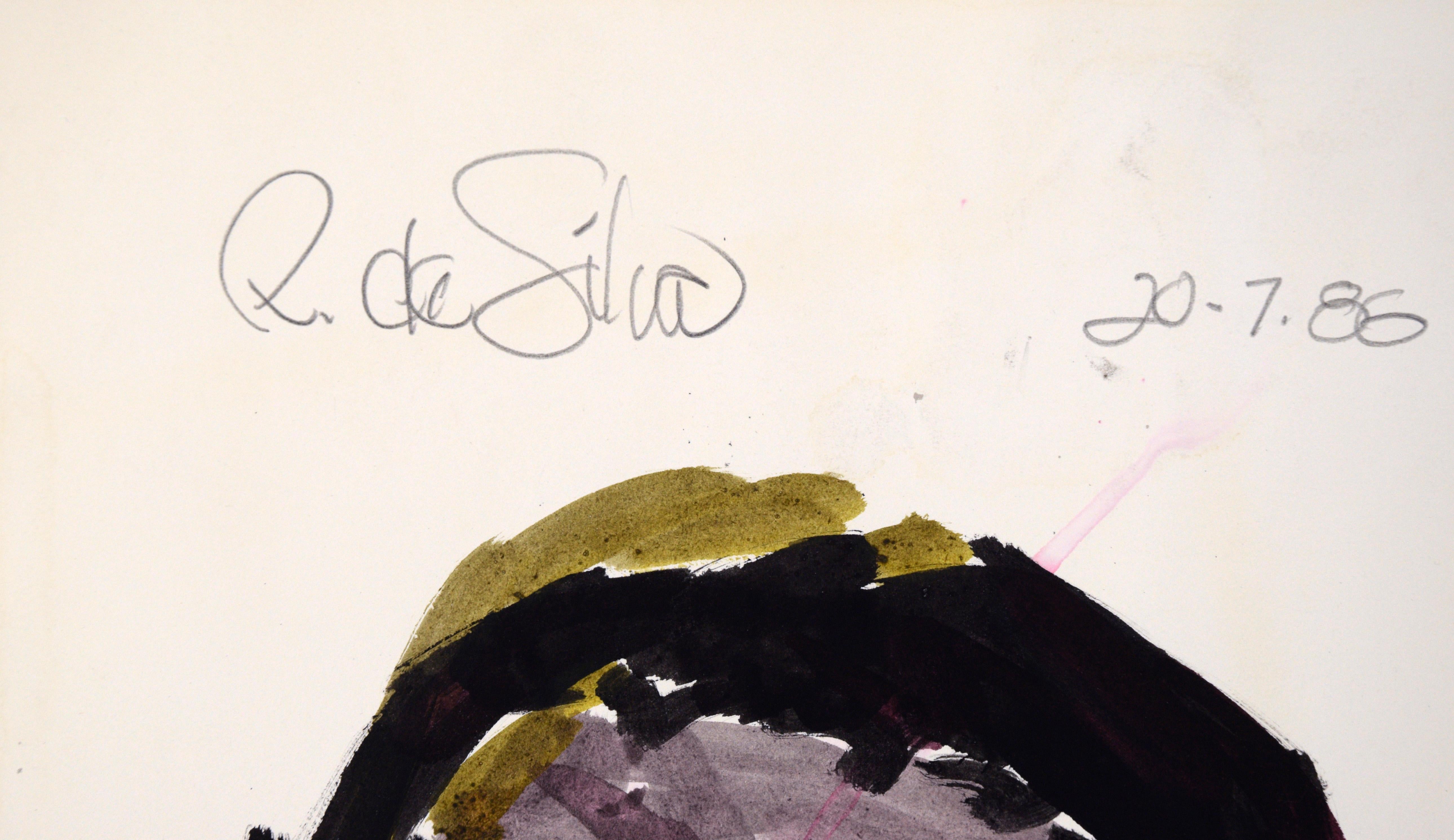 Porträt einer Frau mit rosigen Wangen in Acryl auf Papier

Ein stilisiertes Porträt des in Kalifornien lebenden Künstlers Ricardo de Silva (Amerikaner/Brasilien, 20. Jahrhundert). Auf diesem stilisierten Porträt ist die Person mit schwarzem Haar und